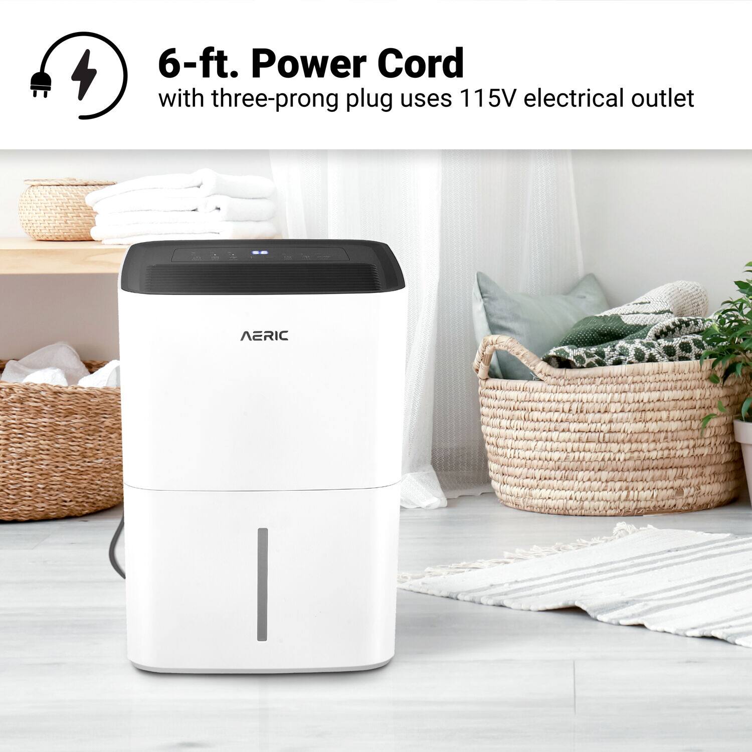 The text on the image reads: "6-ft. Power Cord with three-prong plug uses 115V electrical outlet AERIC."