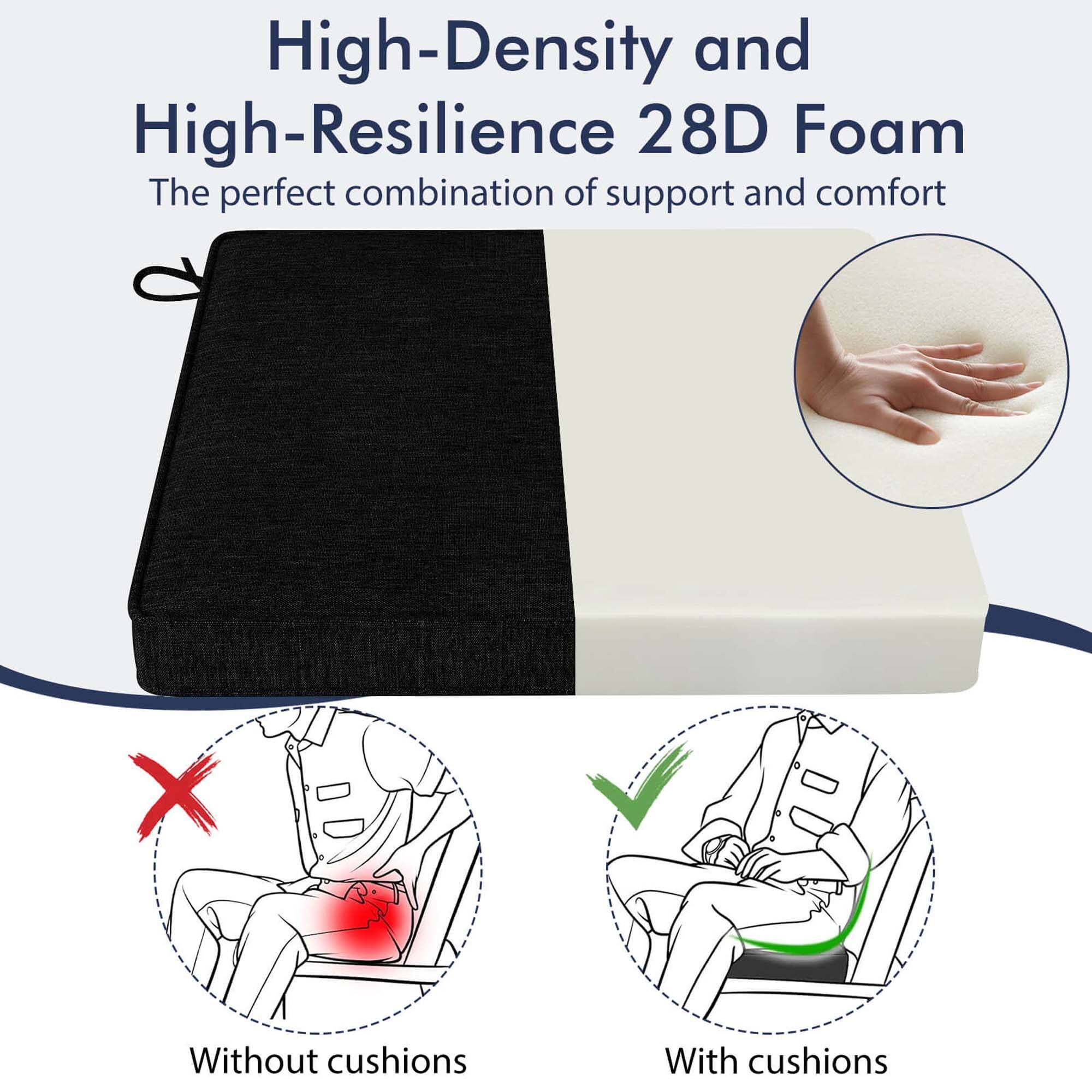 High-Density and High-Resilience 28D Foam  
The perfect combination of support and comfort

Without cushions  
With cushions