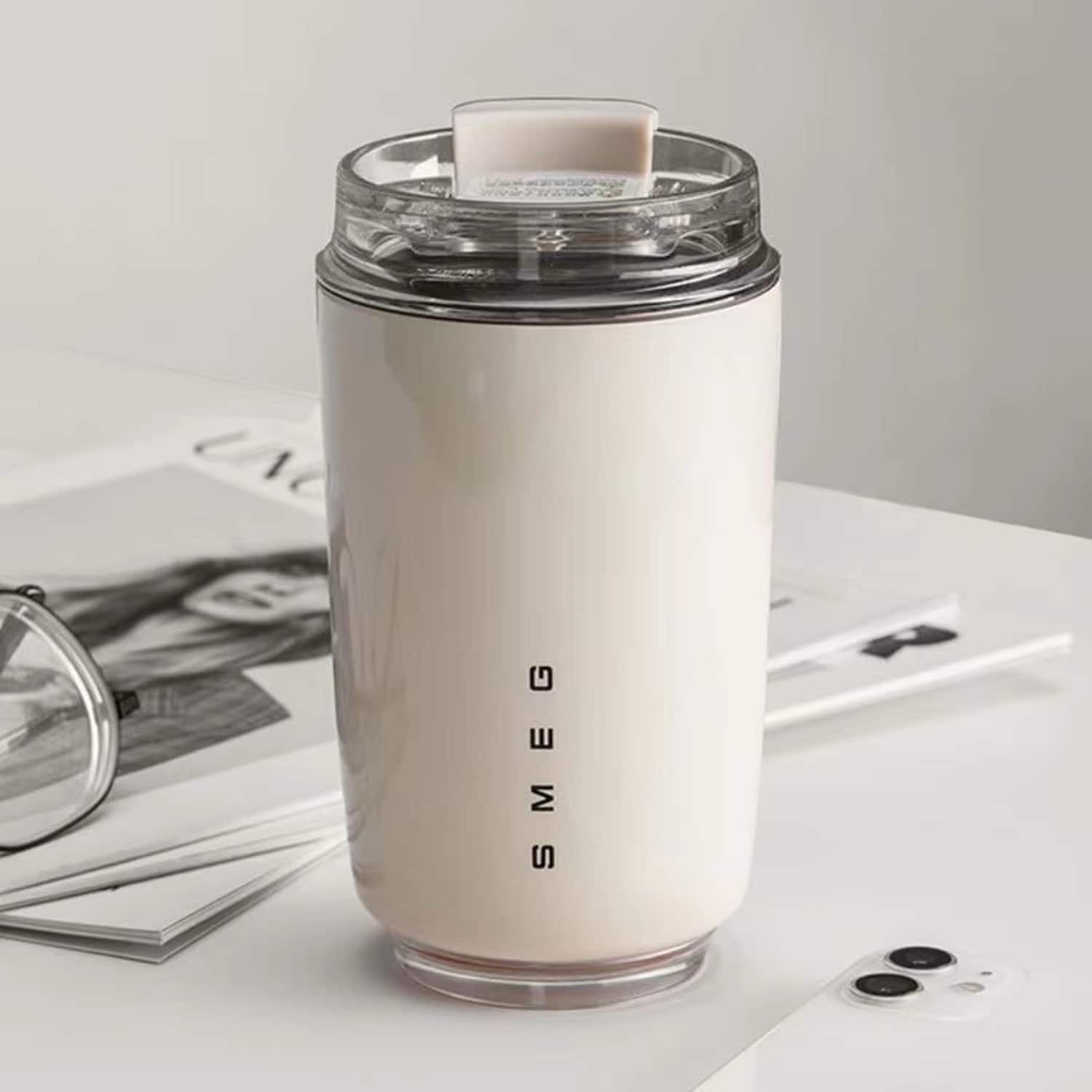 Left. SMEG - 12OZ SMEG Stainless Steel Insulated Vacuum Coffee Wall Travel Mug - Cream.
