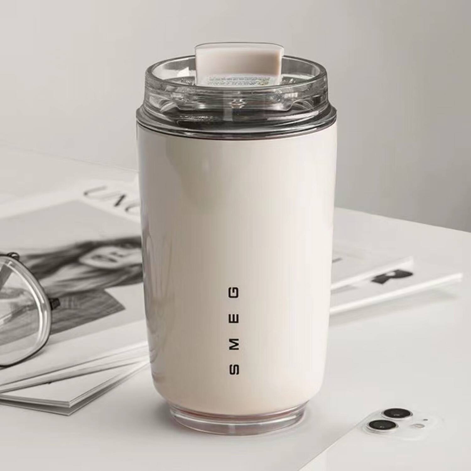 Left. SMEG - 12OZ SMEG Stainless Steel Insulated Vacuum Coffee Wall Travel Mug - Cream.