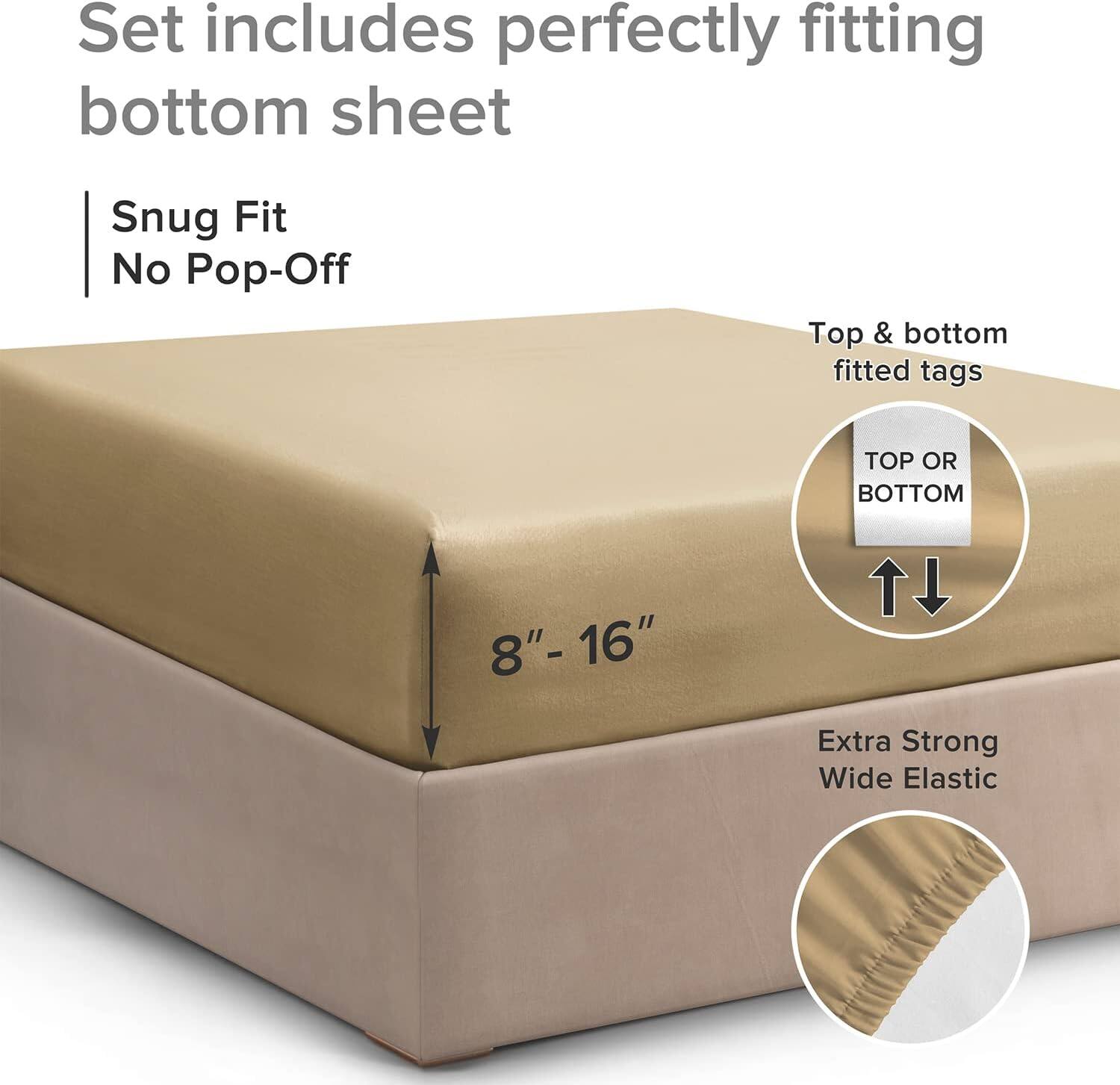 Set includes perfectly fitting bottom sheet

- Snug Fit
- No Pop-Off

Top & bottom fitted tags

- TOP OR BOTTOM

8" - 16"

Extra Strong Wide Elastic