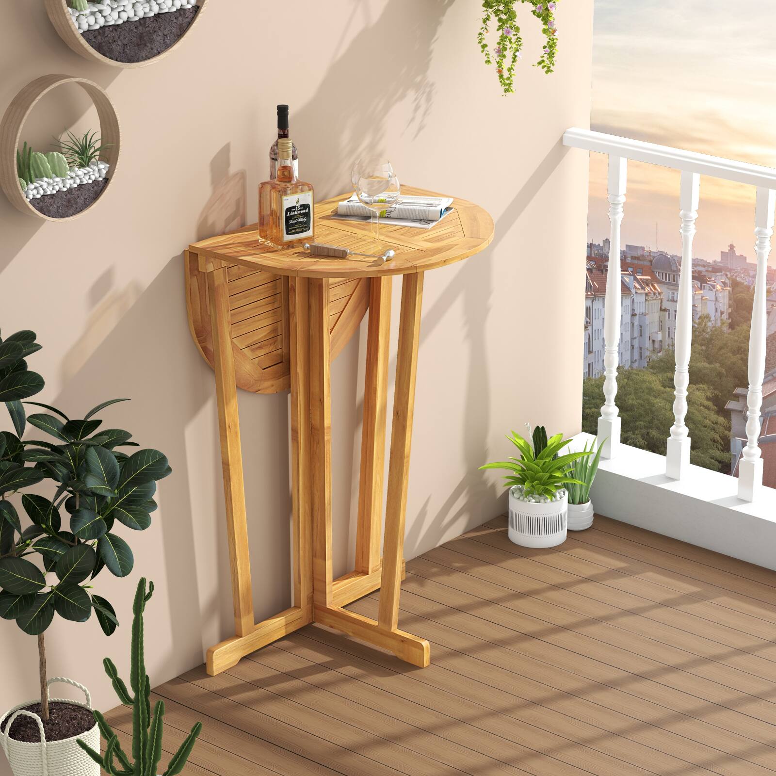 Alt View 7. Sugift - Outdoor Folding Bar Table with Oval Tabletop and Cross Base - Natural.