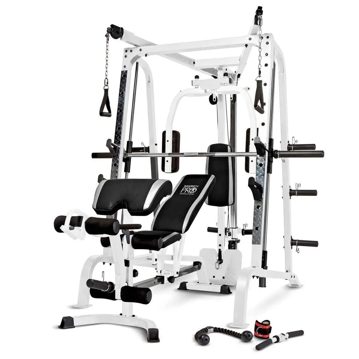 Marcy - Pro Smith Cage Workout Machine Total Body Training Home Gym System, White - White,Black