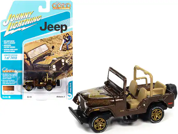**Johnny Lightning Jeep**
- DIE-CAST METAL BODY & CHASSIS
- AUTHENTIC FACTORY COLORS
- OPENING HOOD WITH DETAILED ENGINE
- LIMITED EDITION 1 of 7418
**Classic FACT**
The Golden Eagle Jeep CJ-5, released in 1977, is a classic model. This is the first release of the Golden Eagle Jeep CJ-5 in the Johnny Lightning line.
**Version 6+**
Release 2
**Jeep CJ-5**
**Golden Eagle**
**Jeep**