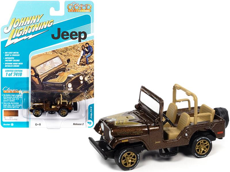 **Johnny Lightning Jeep**

- DIE-CAST METAL BODY & CHASSIS
- AUTHENTIC FACTORY COLORS
- OPENING HOOD WITH DETAILED ENGINE
- LIMITED EDITION 1 of 7418

**Classic FACT**

The Golden Eagle Jeep CJ-5, released in 1977, is a classic model. This is the first release of the Golden Eagle Jeep CJ-5 in the Johnny Lightning line.

**Version 6+**

Release 2

**Jeep CJ-5**

**Golden Eagle**

**Jeep**