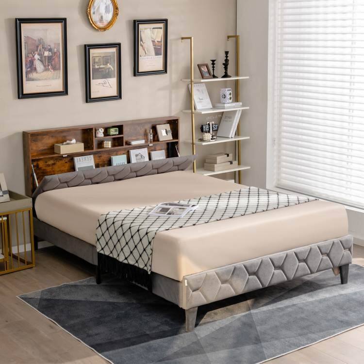 Left. Hivvago - Hivvago Full Size Velvet Upholstered Open/Close Storage Headboard Platform Bed - Grey.