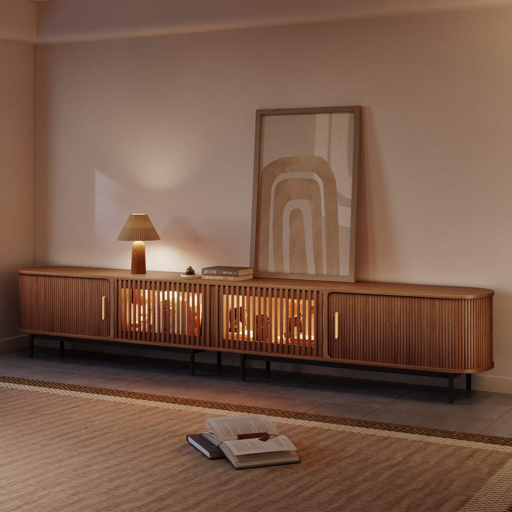 POVISON - 118"Mid-Century Modern Tambour Door TV Stand with LED Lights - Walnut with LED Lights