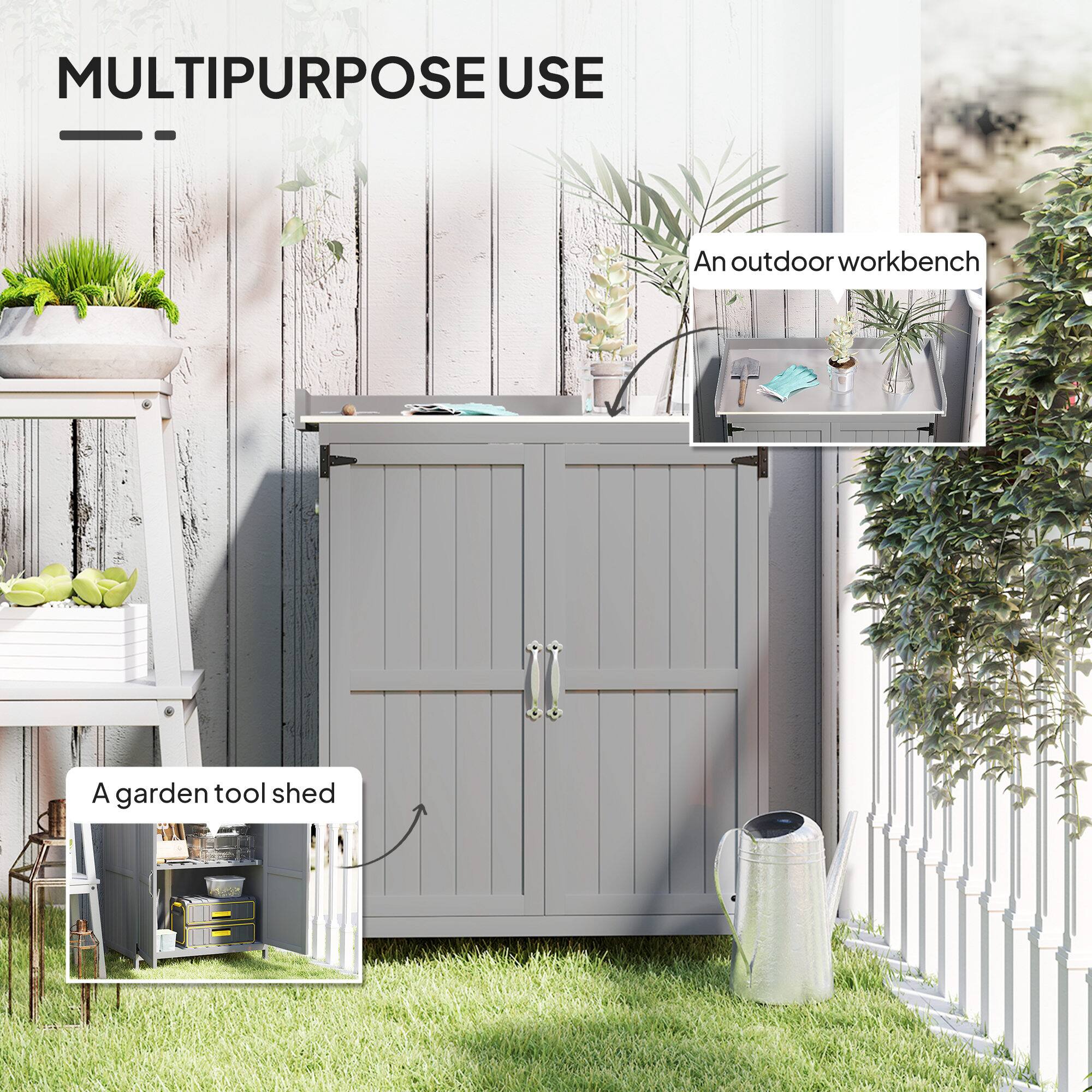 The text in the image can be grouped and corrected as follows:

**MULTIPURPOSE USE**

- **An outdoor workbench**
- **A garden tool shed**