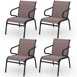Costway - Patio Chairs Set of 4 with Breathable Fabric & Metal Frame Armrests for Poolside - Black,Brown