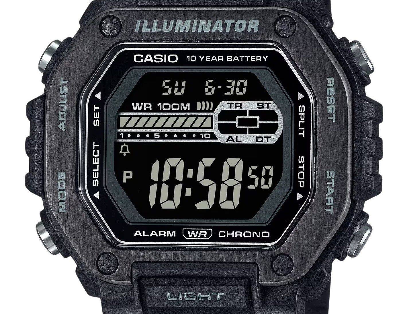 ILLUMINATOR  
ADJUST MODE SET SELECT  
CASIO 10 YEAR BATTERY  
50 6-30 WR 100M  
TR ST  
1 5 10 AL DT  
P 50  
10:58  
ALARM WR CHRONO  
SPLIT STOP RESET START LIGHT