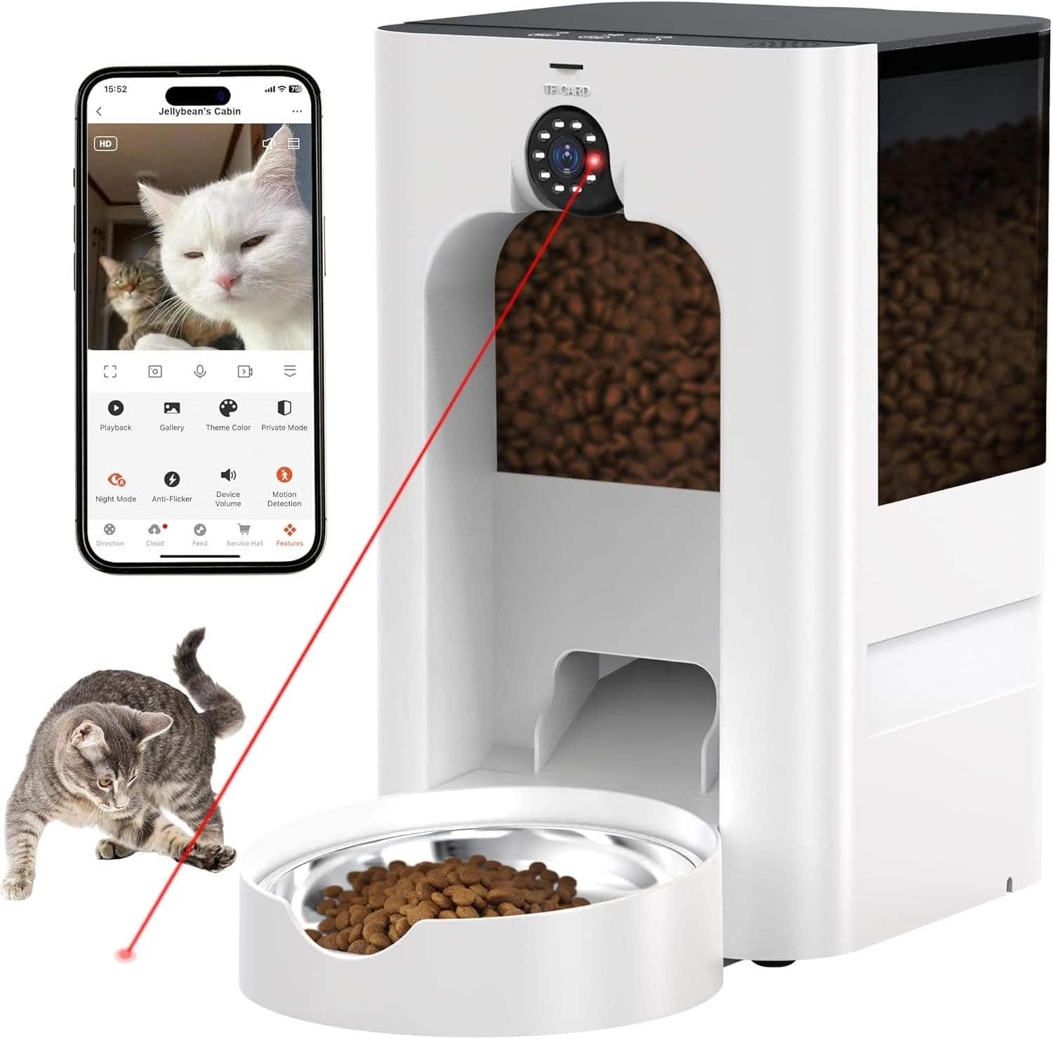 Cluzine - Smart Pet Feeder with Rotatable Camera & Laser Cat Toy, Automatic Food Dispenser for Cats & Dogs - White