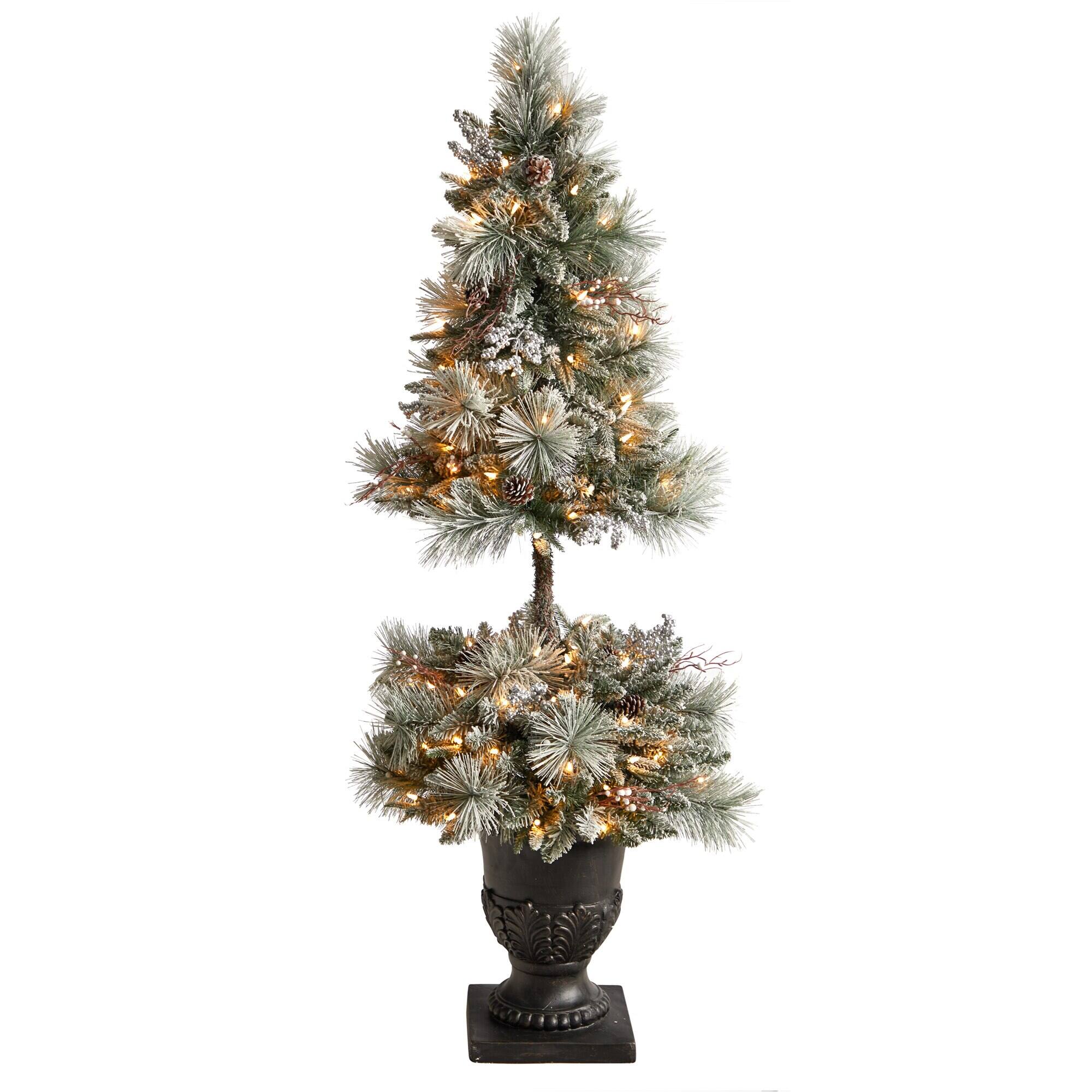 BreeBe - 5' Flocked Porch Xmas Tree w/100 LED's 186 Tips and Urn - White