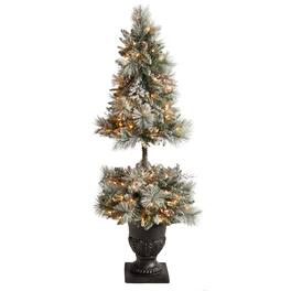 BreeBe - 5' Flocked Porch Xmas Tree w/100 LED's 186 Tips and Urn - White