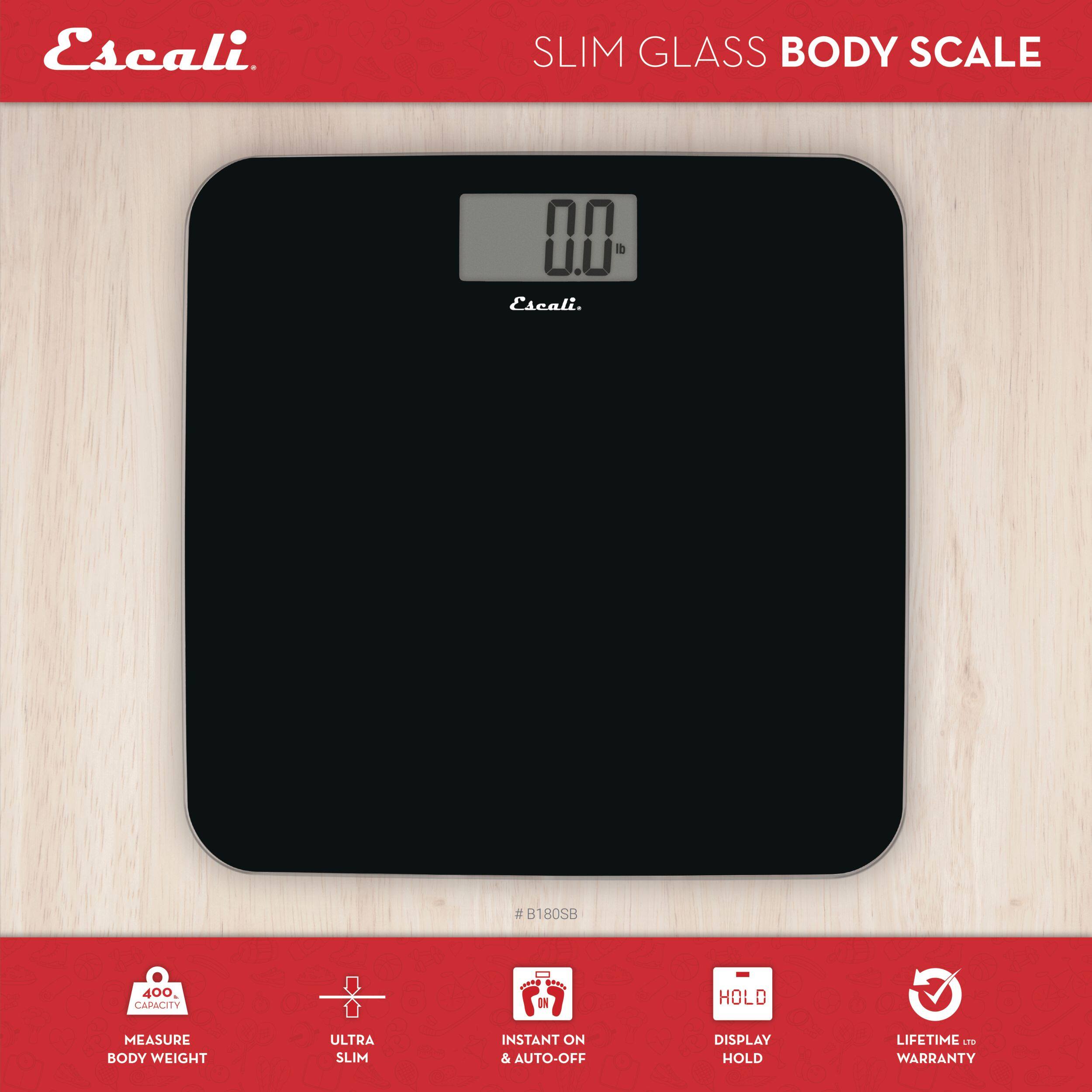 Escali. SLIM GLASS BODY SCALE 00 lb di Escali  B18038 400 CAPACITY ON HOLD MEASURE BODY WEIGHT ULTRA SLIM INSTANT ON & AUTO-OFF DISPLAY HOLD LIFETIME WARRANTY