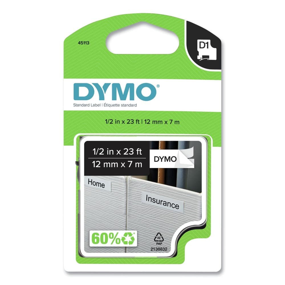 DYMO - 45113 0.5 in. x 23 ft. D1 High-Performance Polyester Removable Label Tape - Black on - White