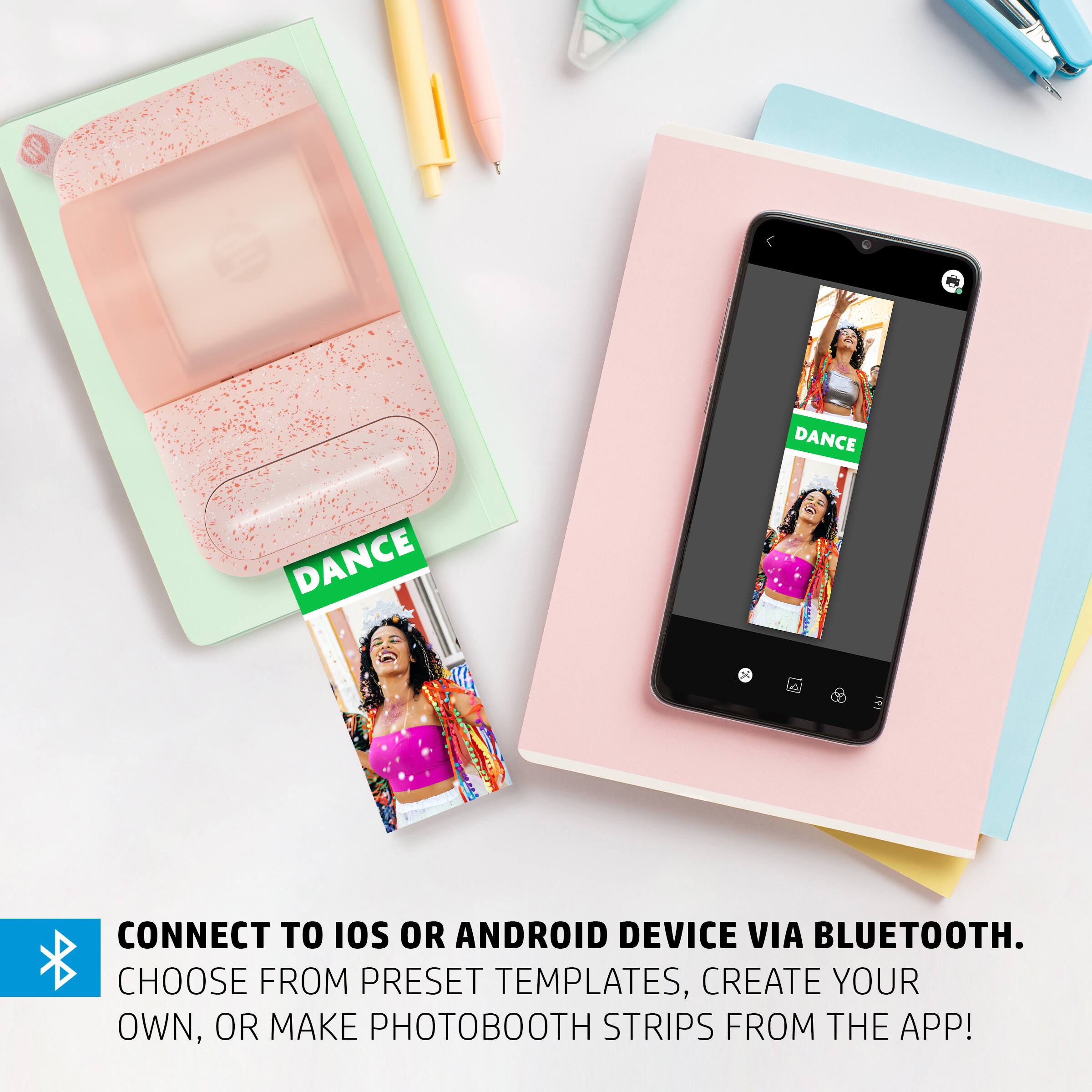 Connect to iOS or Android device via Bluetooth. Choose from preset templates, create your own, or make photobooth strips from the app!
