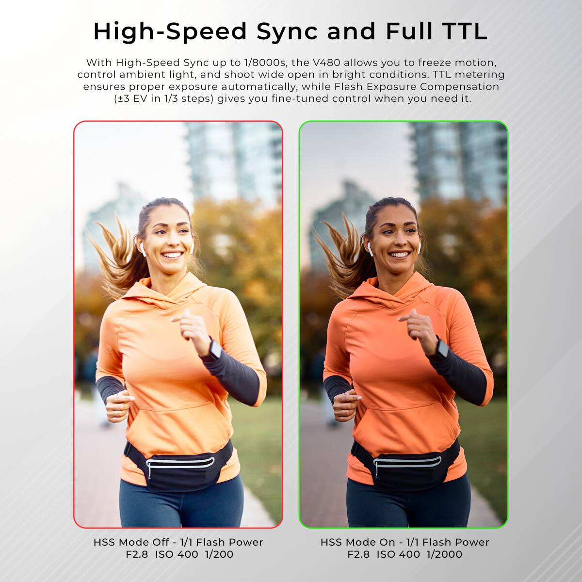 High-Speed Sync and Full TTL

With High-Speed Sync up to 1/8000s, the V480 allows you to freeze motion, control ambient light, and shoot wide open in bright conditions. TTL metering ensures proper exposure automatically, while Flash Exposure Compensation (±3 EV in 1/3 steps) gives you fine-tuned control when you need it.

HSS Mode Off - 1/1 Flash Power F2.8 ISO 400 1/200

HSS Mode On - 1/1 Flash Power F2.8 ISO 400 1/2000