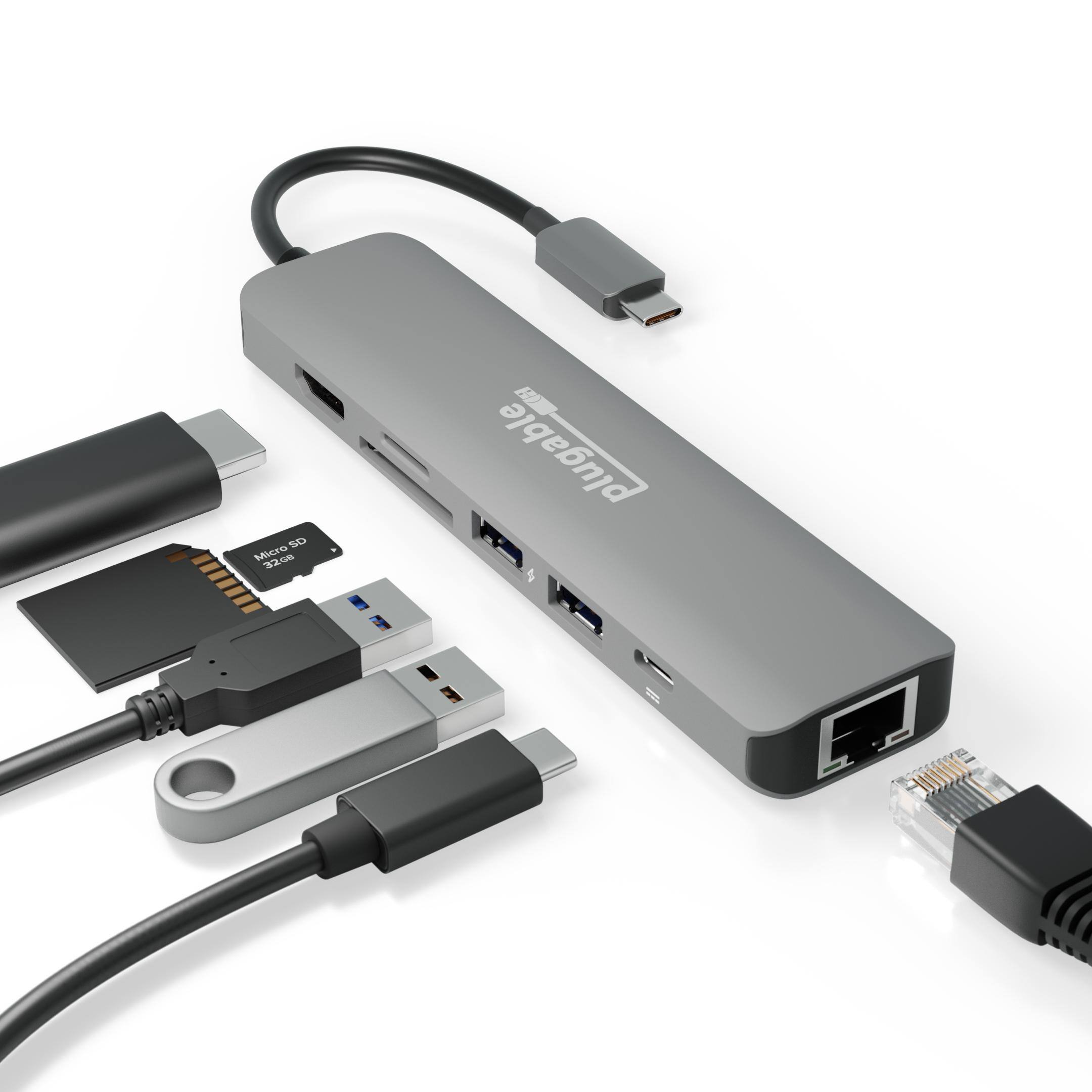 Plugable - 7-in-1 USB C Hub Multiport Adapter with Ethernet - 100W Charging - Space Gray
