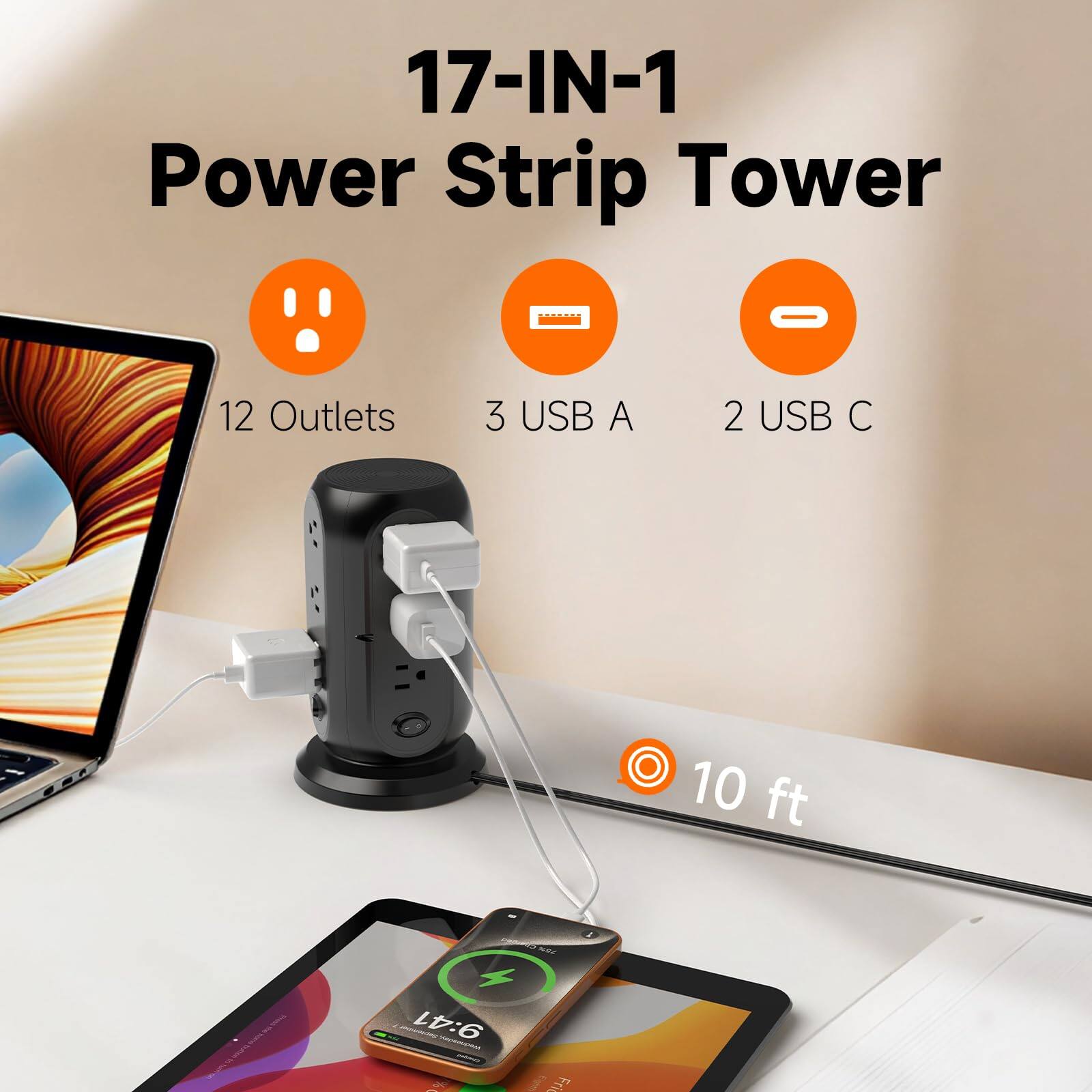 17-IN-1 Power Strip Tower  
12 Outlets  
3 USB A  
2 USB C  
10 ft