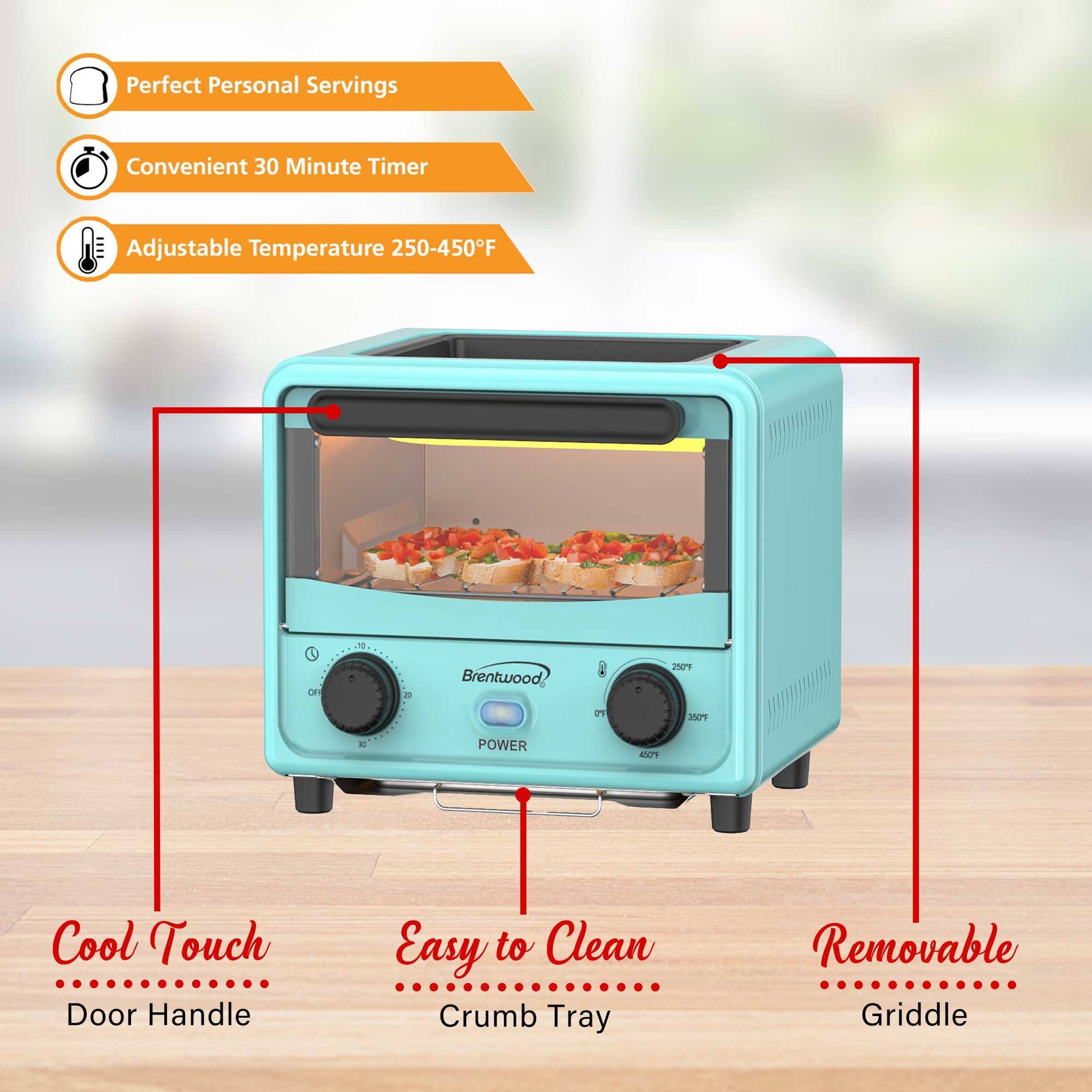 Perfect Personal Servings  
Convenient 30 Minute Timer  
Adjustable Temperature 250-450°F  
1 OF 20  
Brentwood 250T  
27 35c  
POWER  
Cool Touch Door Handle  
Easy to Clean Crumb Tray  
Removable Griddle