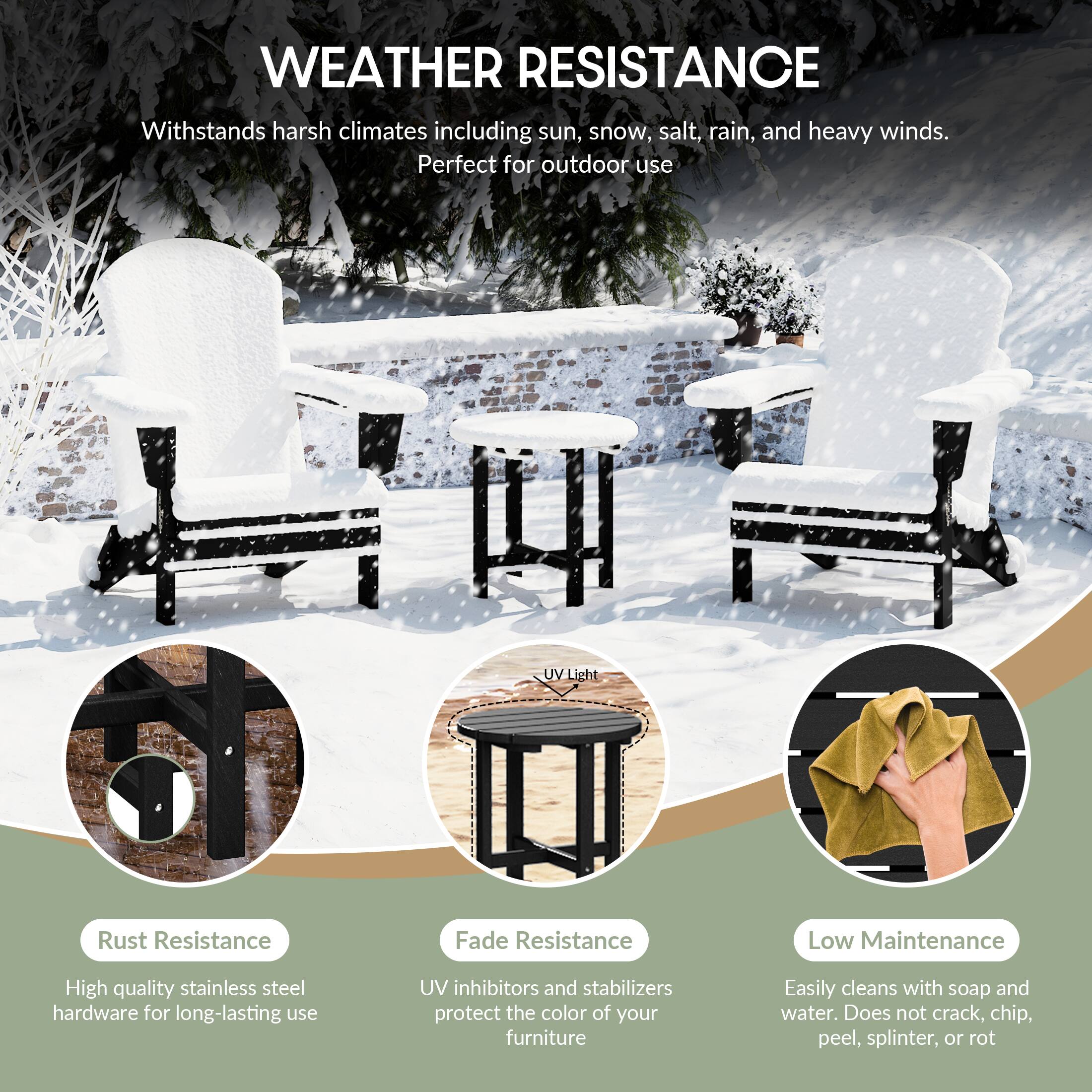 WEATHER RESISTANCE  
Withstands harsh climates including sun, snow, salt, rain, and heavy winds.  
Perfect for outdoor use  

- Rust Resistance  
  High quality stainless steel hardware for long-lasting use  

- Fade Resistance  
  UV inhibitors and stabilizers protect the color of your furniture  

- Low Maintenance  
  Easily cleans with soap and water. Does not crack, chip, peel, splinter, or rot