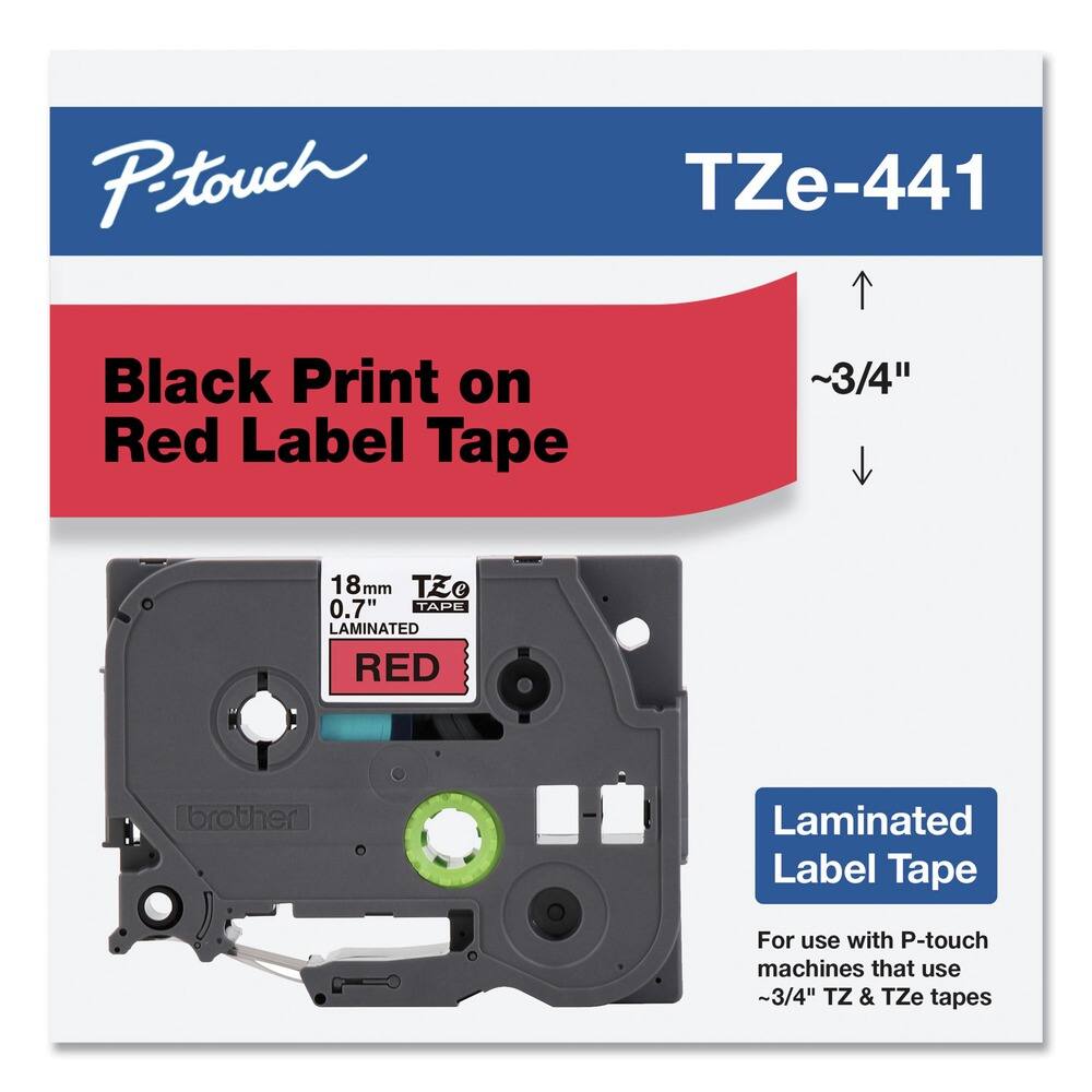 P-touch  
TZe-441  

Black Print on Red Label Tape  

~3/4"  

18mm  
0.7"  
LAMINATED  
RED  

Laminated Label Tape  

For use with P-touch machines that use ~3/4" TZ & TZe tapes