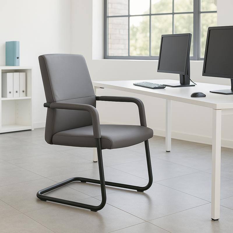 Angle. LeisureMod - Evander Leather Office Chair with Aluminum Frame, Fixed Armrests, Sponge Cushion, Easy-Clean Design & Quick Assembly - Grey.