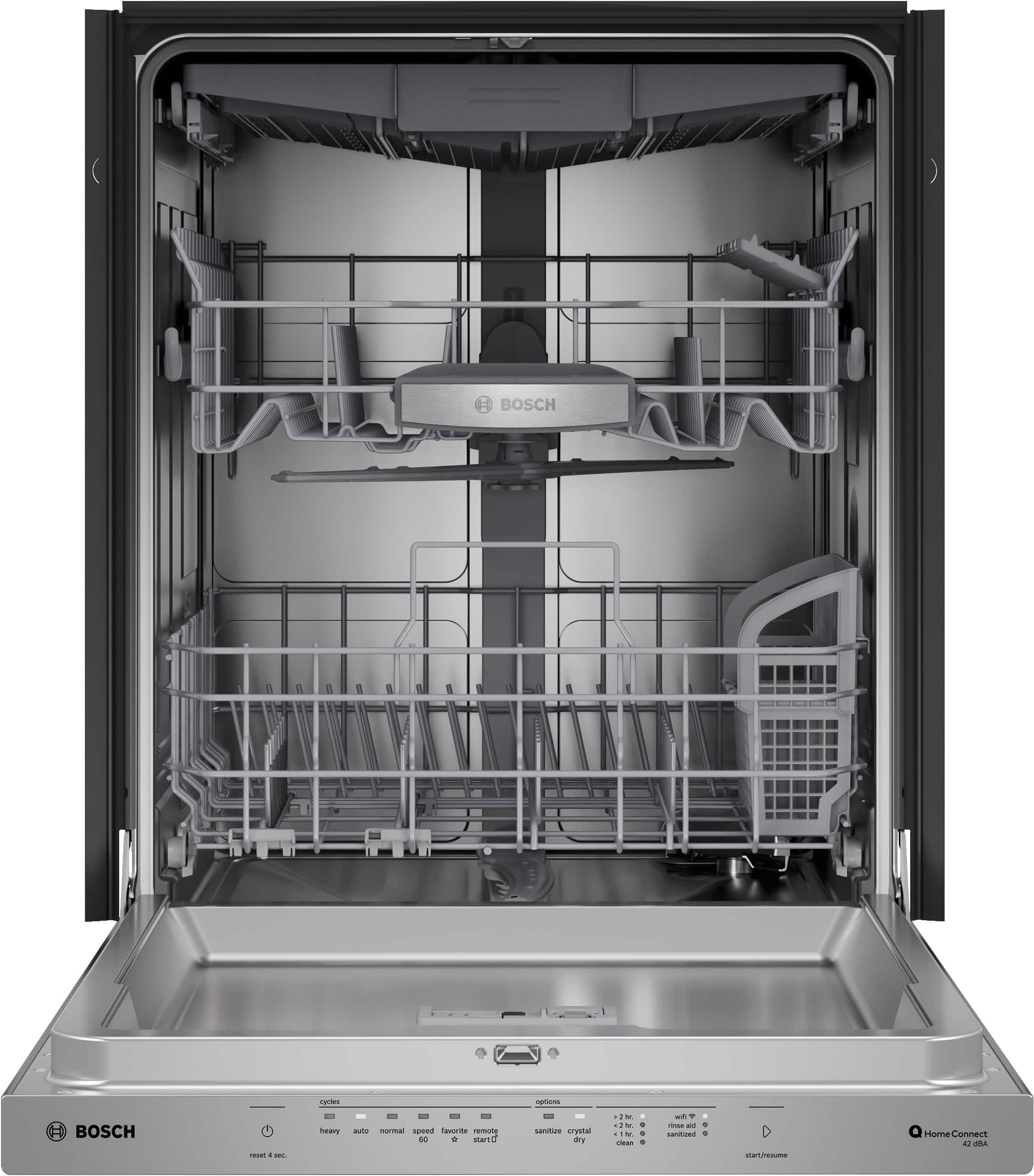 BOSCH dishwasher with a stainless steel door and interior. The door is open, revealing the interior of the dishwasher. The dishwasher is made by the Bosch company.