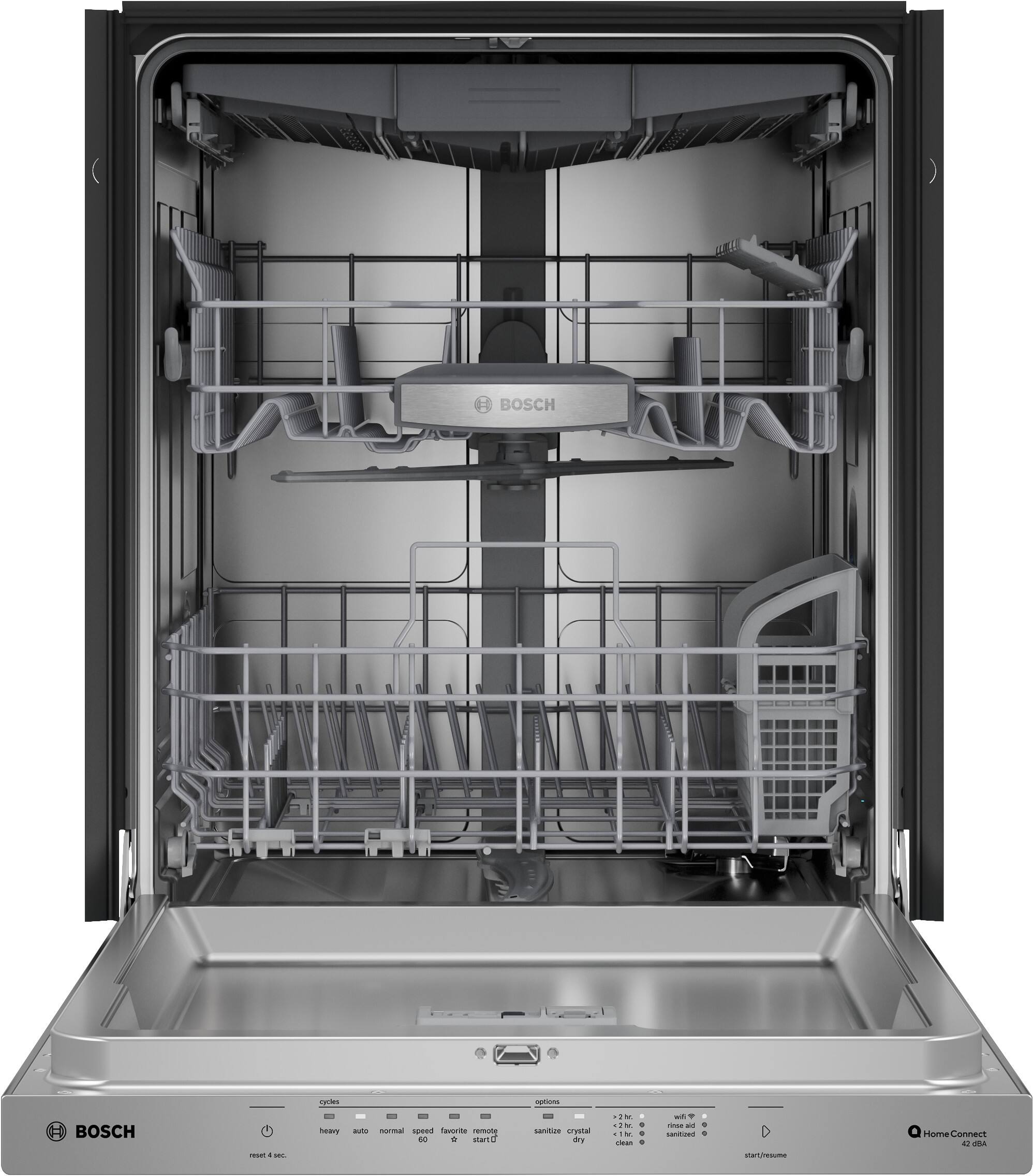 BOSCH dishwasher with a stainless steel door and interior. The door is open, revealing the interior of the dishwasher. The dishwasher is made by the Bosch company.
