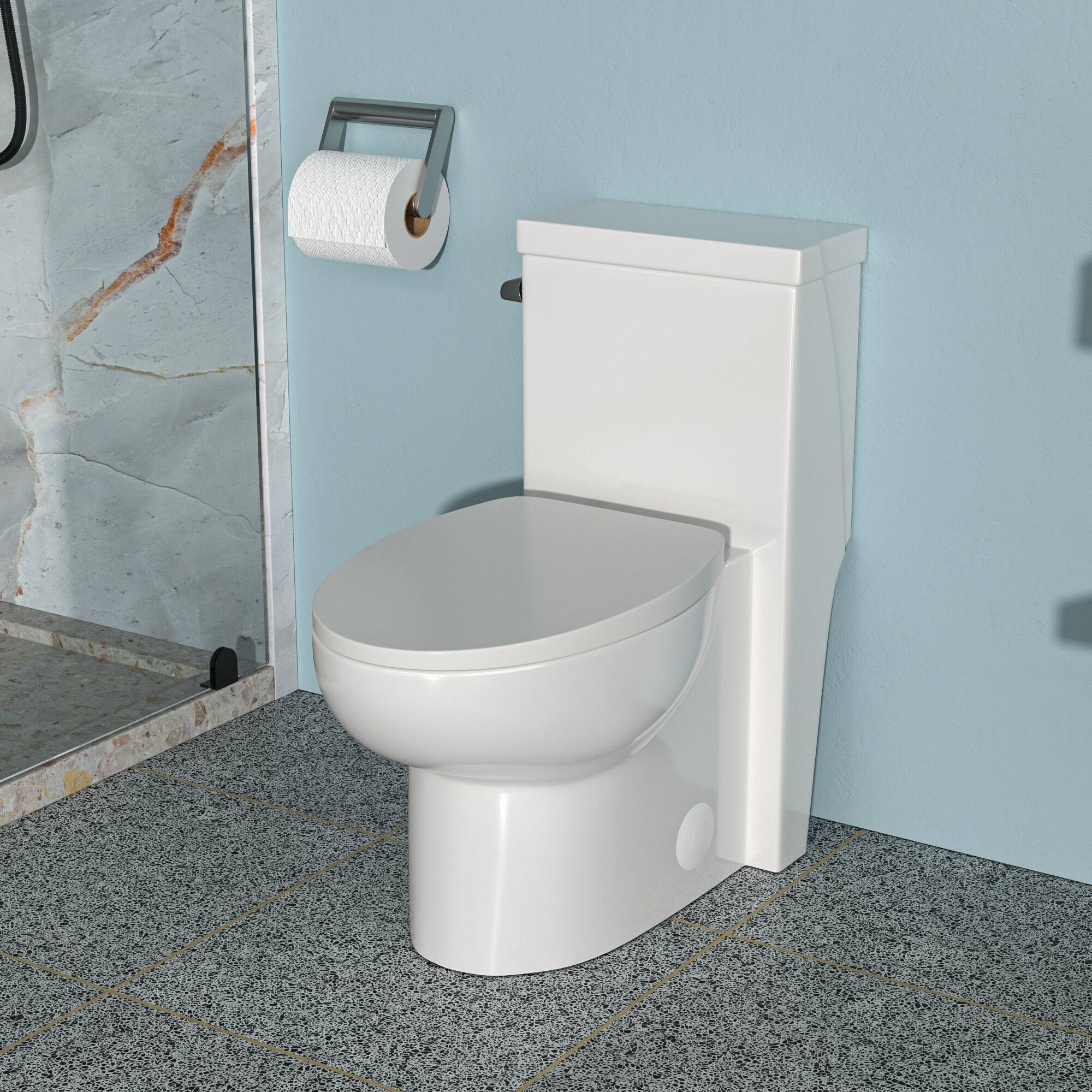 Angle. TinyHomie - Ceramic One Piece Toilet Single Flush with Soft Closing Seat - White.