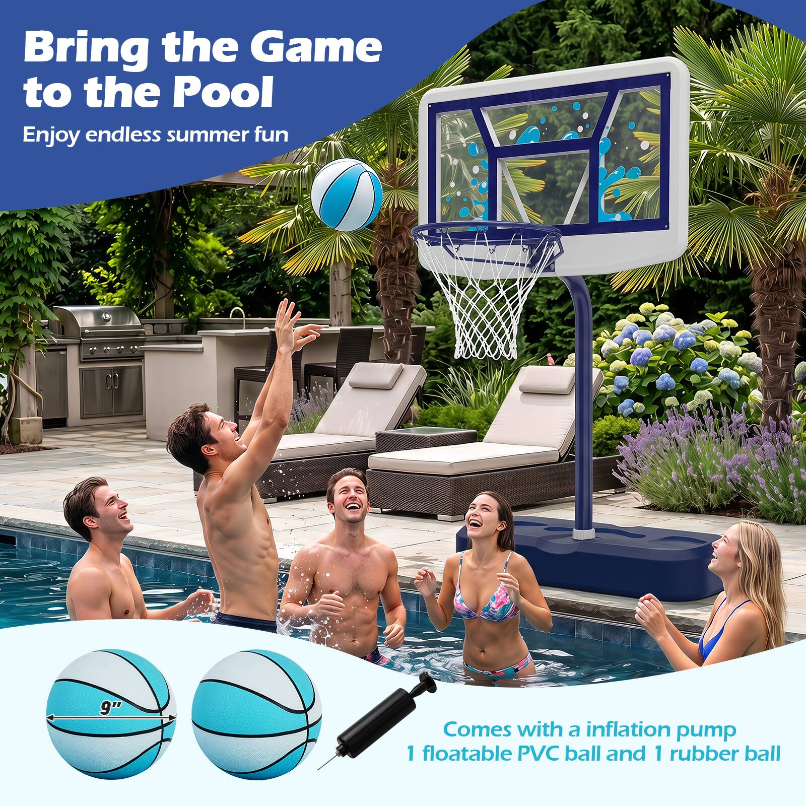 Bring the Game to the Pool  
Enjoy endless summer fun

9"  
Comes with a inflation pump 1 floatable PVC ball and 1 rubber ball