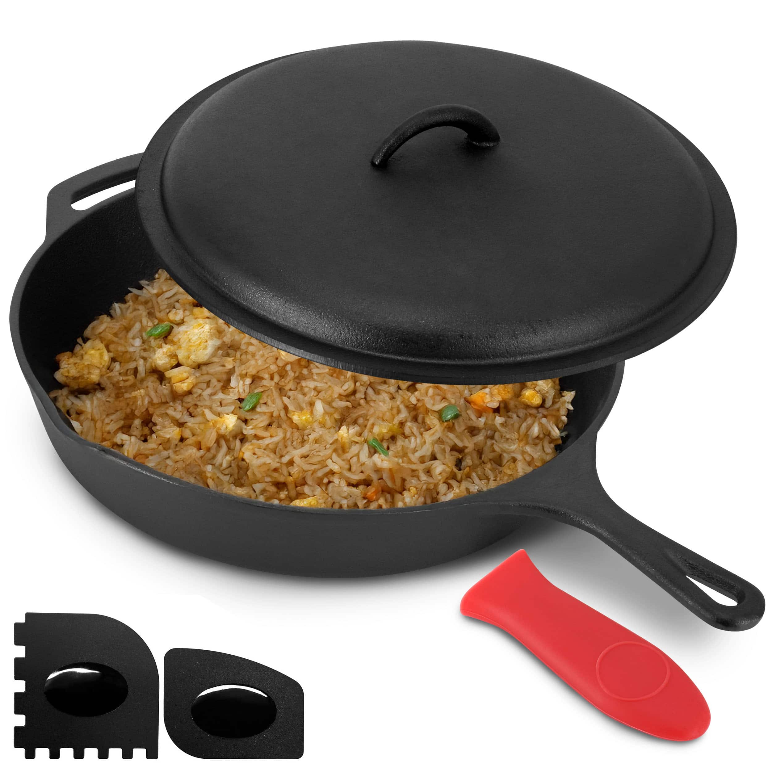 Mega Chef - MegaChef 12 Inch Pre-Seasoned Cast Iron Skillet with Cast Iron Lid - Black