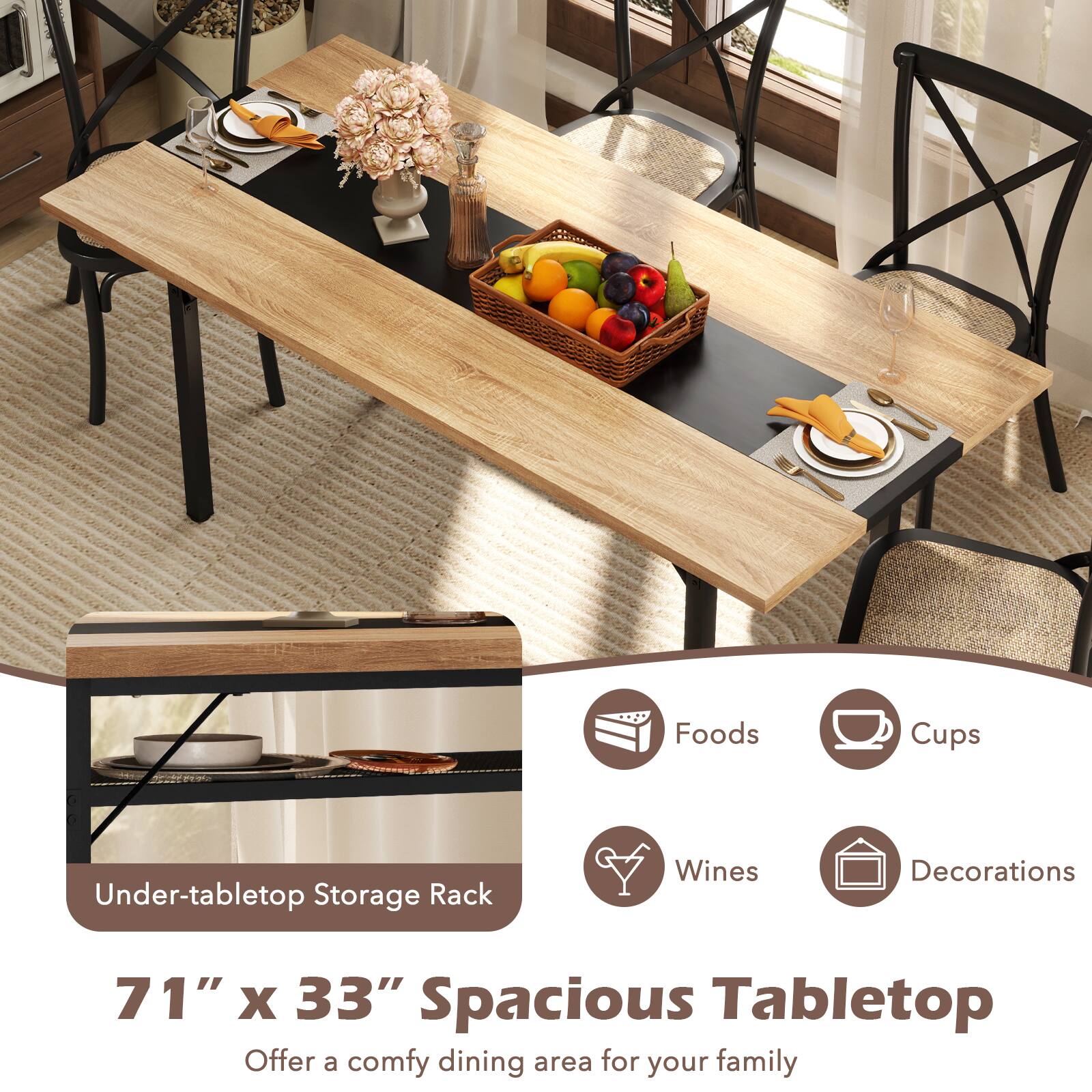 Foods Cups Under-tabletop Storage Rack Wines Decorations 71" x 33" Spacious Tabletop Offer a comfy dining area for your family