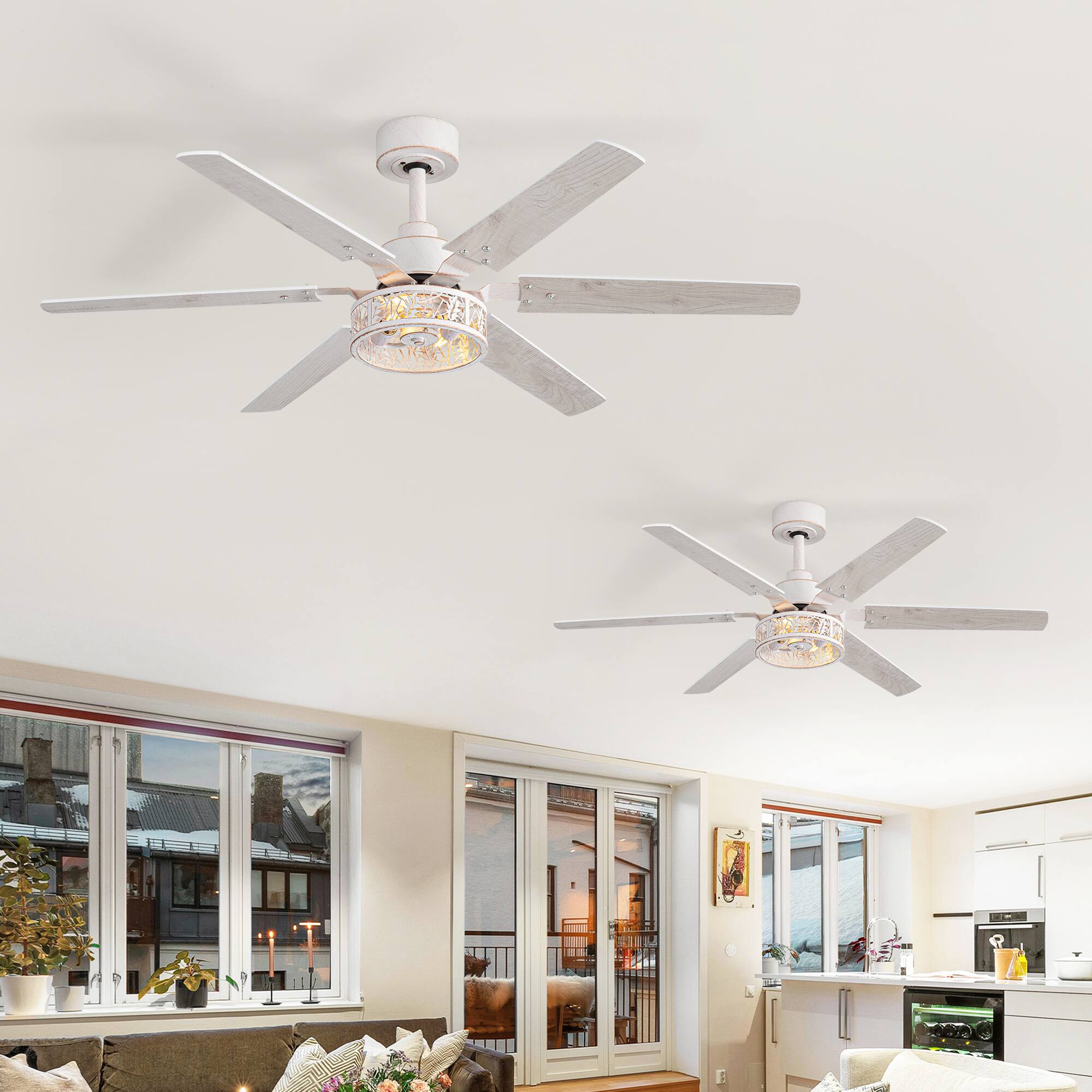 Alt View 1. Breezary - 46-In Indoor 2-Pack Ceiling Fan with 6 Plywood Blades, DC Motor, 6-Speed Remote, Timer with Memory Function - Distressed White and Gold.