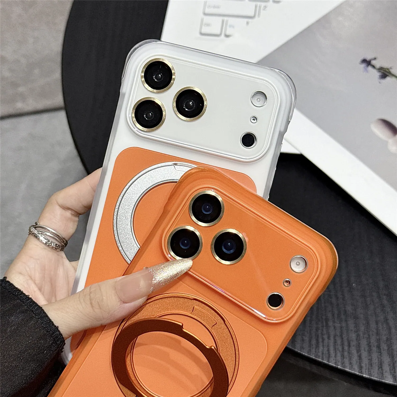 Angle. Dteck - for Apple iPhone 17 Pro Max Magnetic Case with Ring Stand,Matte Back Shockproof PC TPU Cover Bulit in Full Lens Cover - Black.