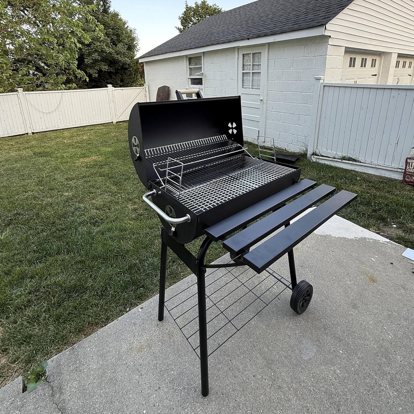 Alt View 8. Chateau Abodes - 30" Portable Barrel Charcoal Grill, Steel Smoker with 370 Sq In Cooking Space, Storage Shelf & Wheels - Black.