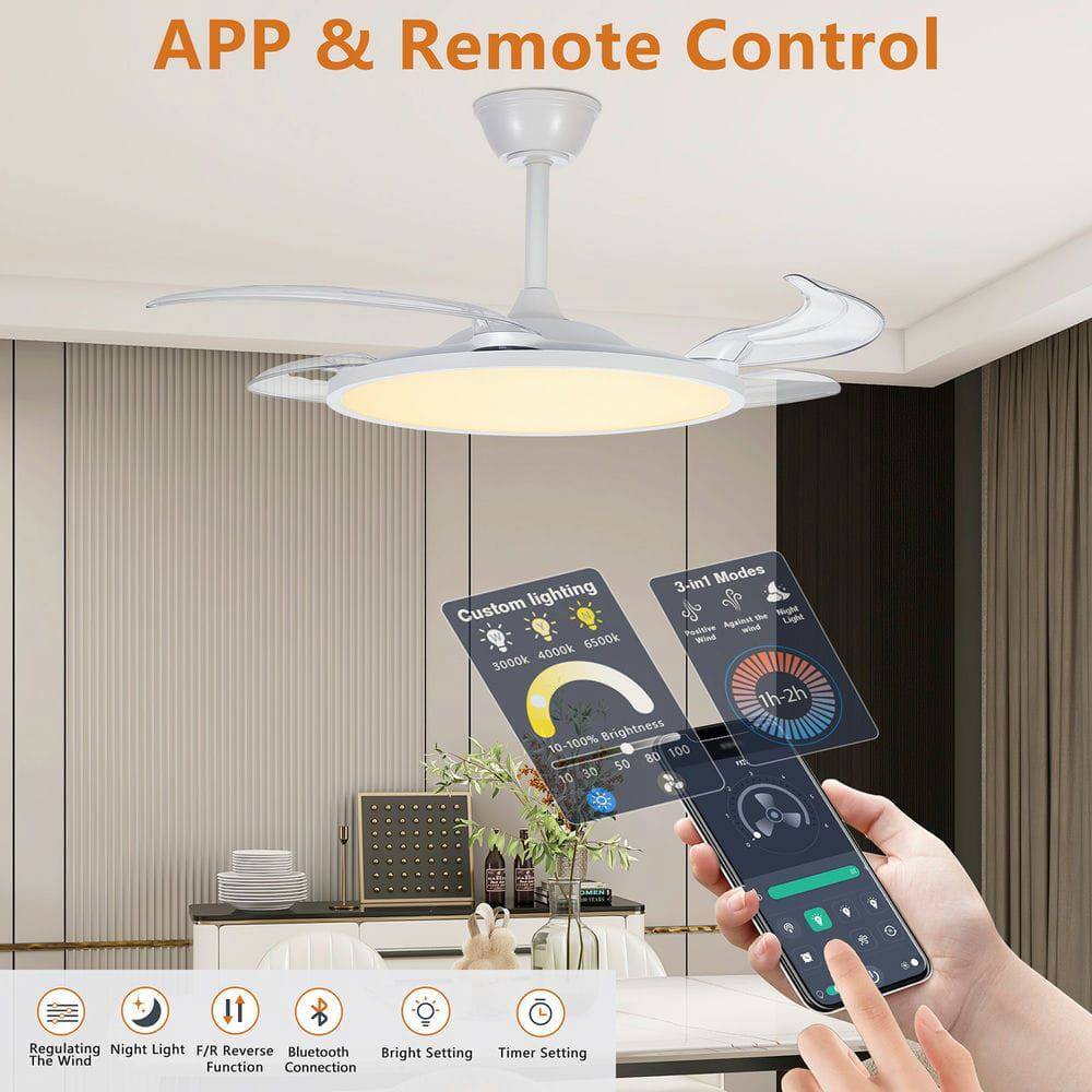 APP & Remote Control

Custom lighting
- 3000K
- 4000K
- 6500K
- 10-100% Brightness

3-in-1 Modes
- Against Te Light
- Wind
- 1h-2h

Regulating The Wind
Night Light
F/R Reverse Function
Bluetooth Connection
Bright Setting
Timer Setting