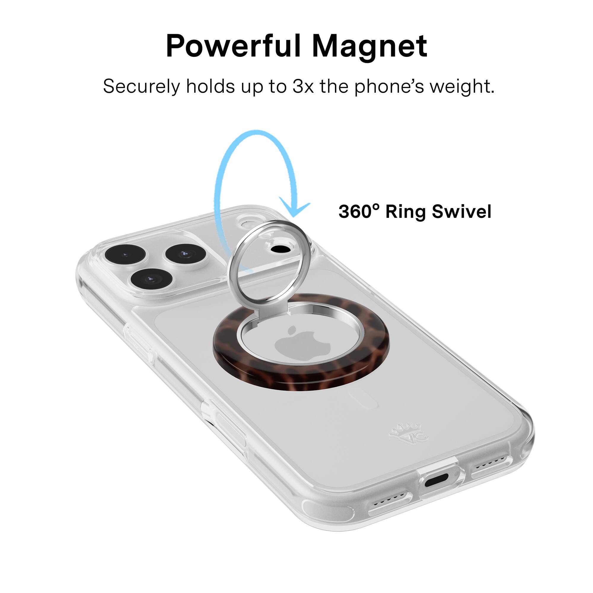 Powerful Magnet  
Securely holds up to 3x the phone's weight.  

360° Ring Swivel