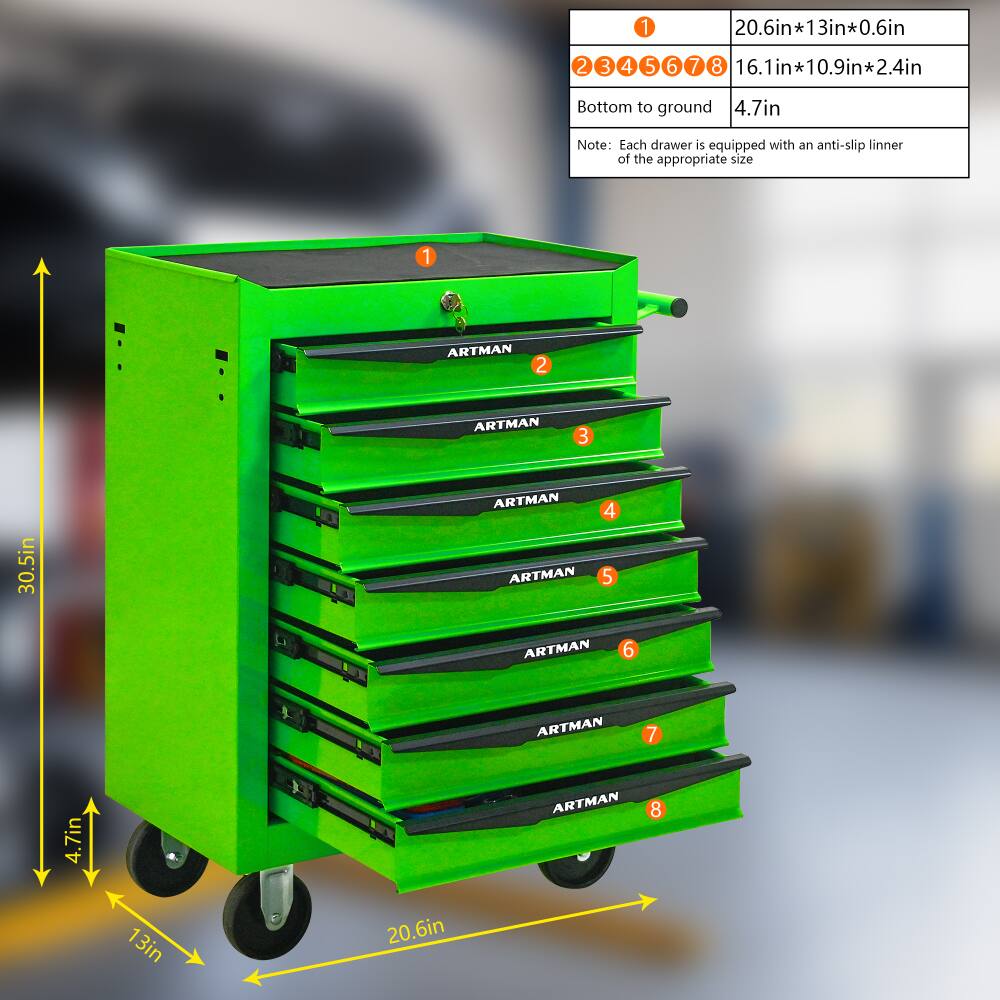 1. 20.6in*13in*0.6in
2. 16.1in*10.9in*2.4in
3. Bottom to ground: 4.7in
4. Note: Each drawer is equipped with an anti-slip inner of the appropriate size
5. ARTMAN
6. 30.5in
7. 4.7in
8. 13in
9. 20.6in