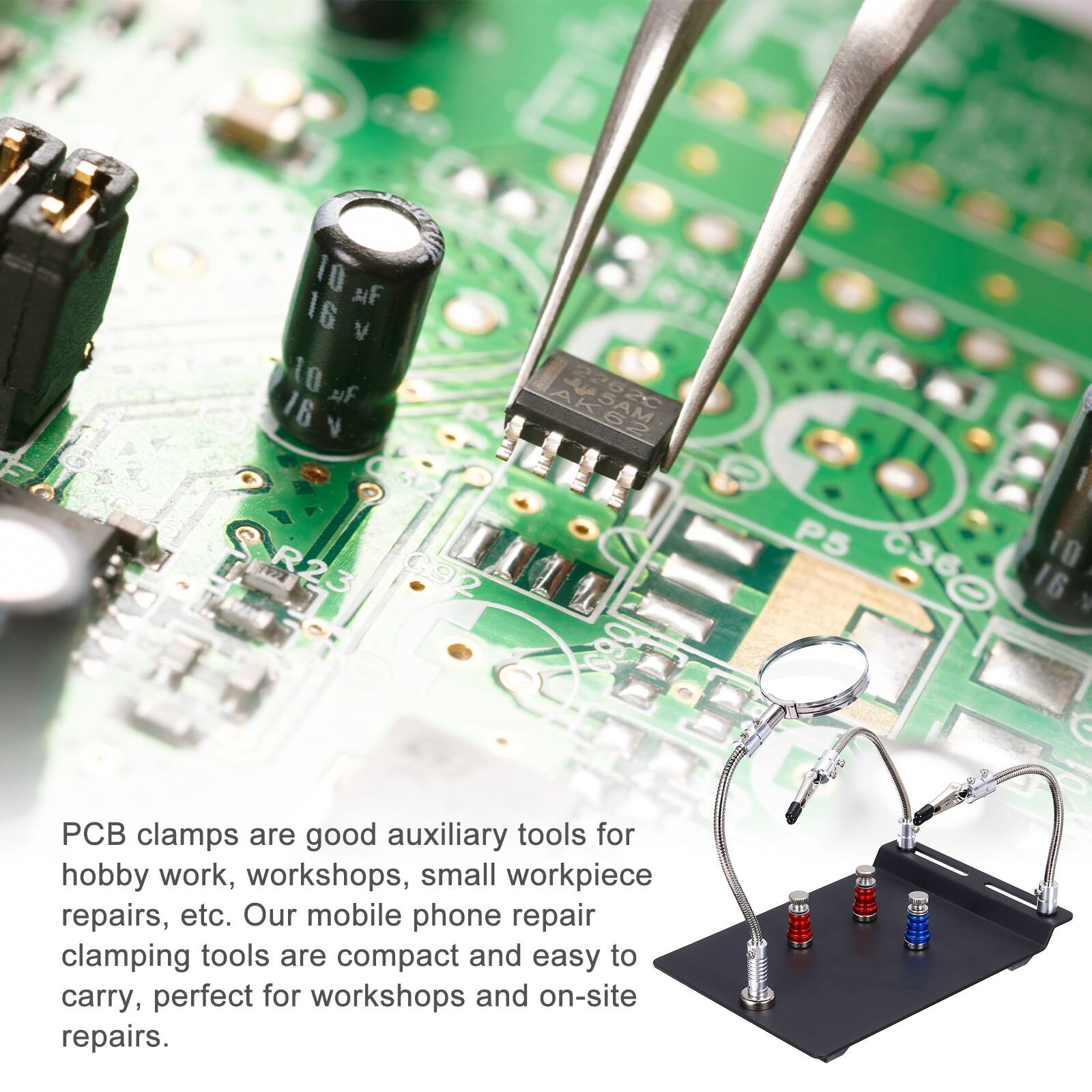 PCB clamps are good auxiliary tools for hobby work, workshops, small workpiece repairs, etc. Our mobile phone repair clamping tools are compact and easy to carry, perfect for workshops and on-site repairs.