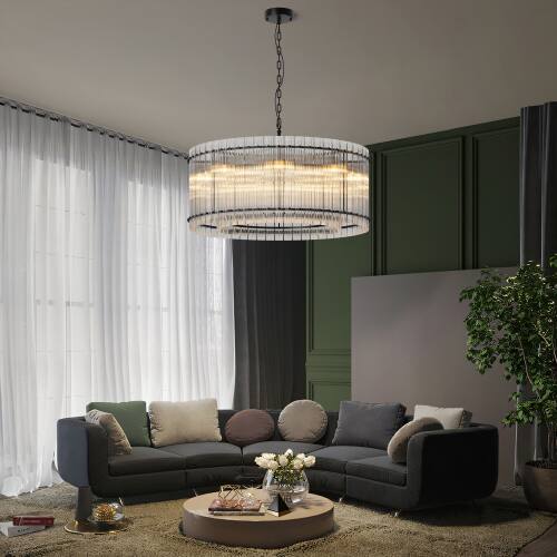Back. LUCKY ONE - 37in Hanging Round Chandelier, 8-Light 2-Tier Water Ripple Crystal for Dining Room High Ceiling - Black.