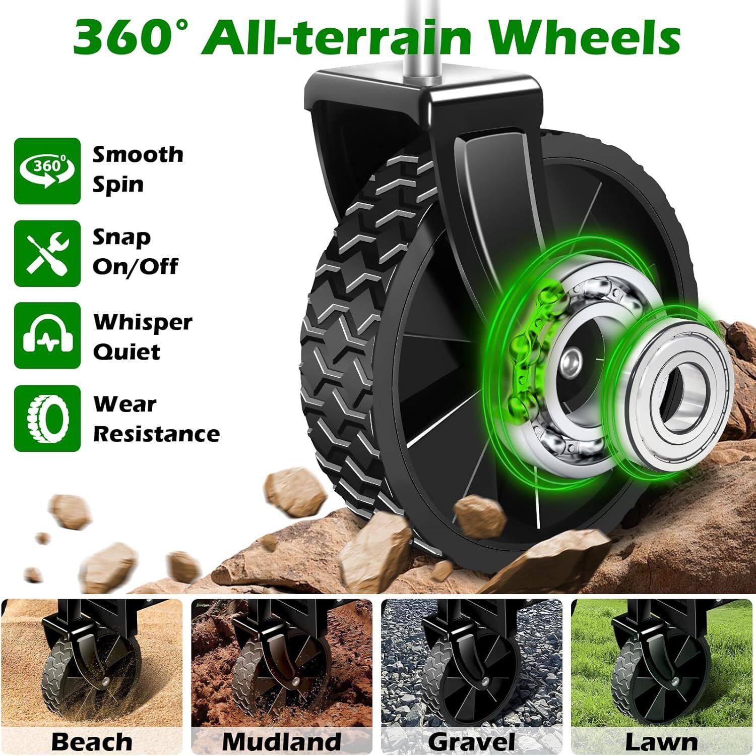 360° All-terrain Wheels

- Smooth Spin
- Snap On/Off
- Whisper Quiet
- Wear Resistance

Beach
Mudland
Gravel
Lawn