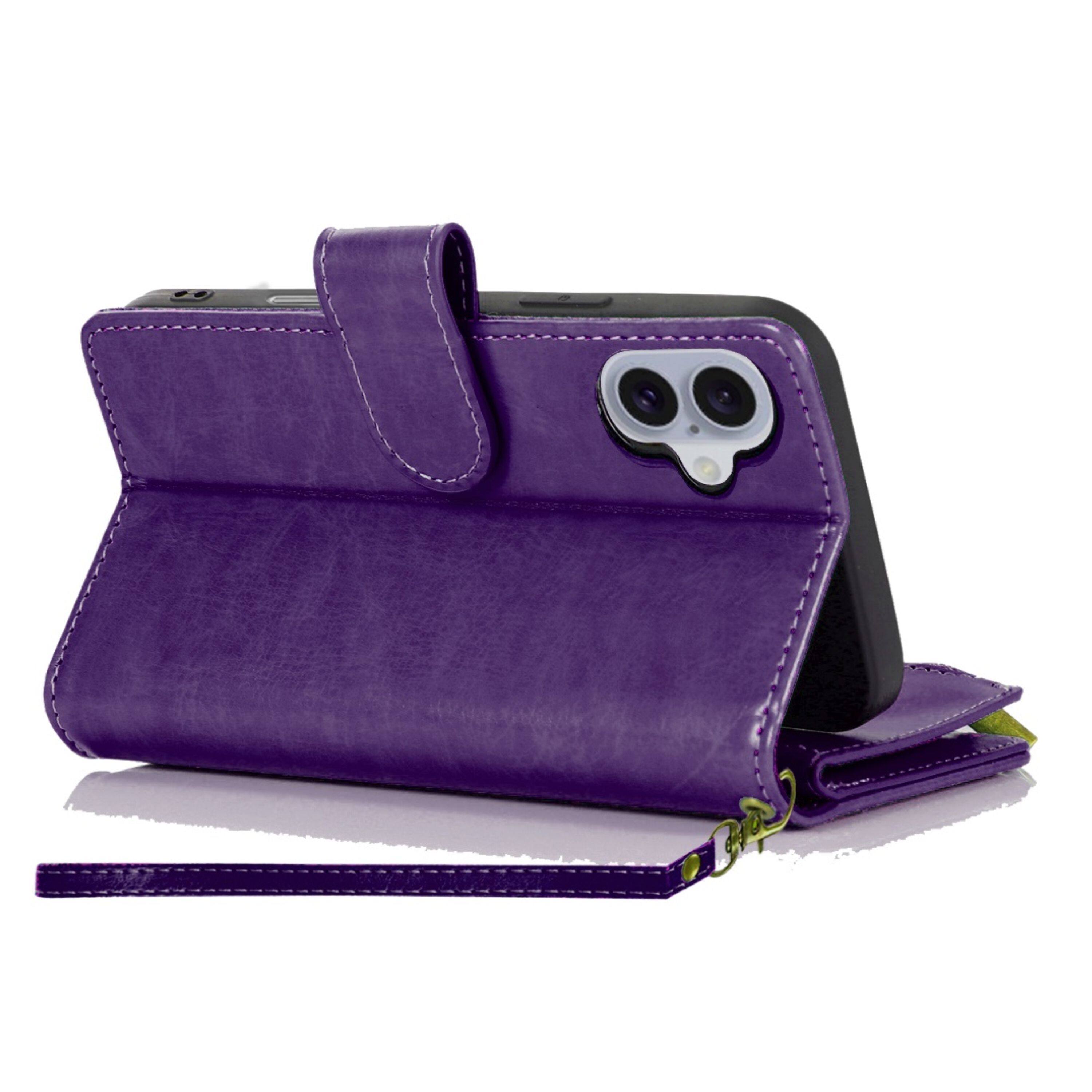 Left. Kitcheniva - PU Leather Phone Wallet Phone Case With Zipper Tempered Glass For iPhone 17 Dark Purple - Dark Purple.