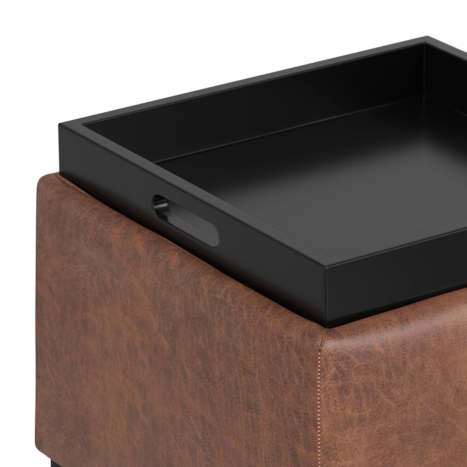 Alt View 7. Simpli Home - Natasha 18 inch Square Mid Century Storage Ottoman with Tray in Distressed Saddle Brown  Vegan Faux Leather, Assembled - Distressed Saddle Brown.