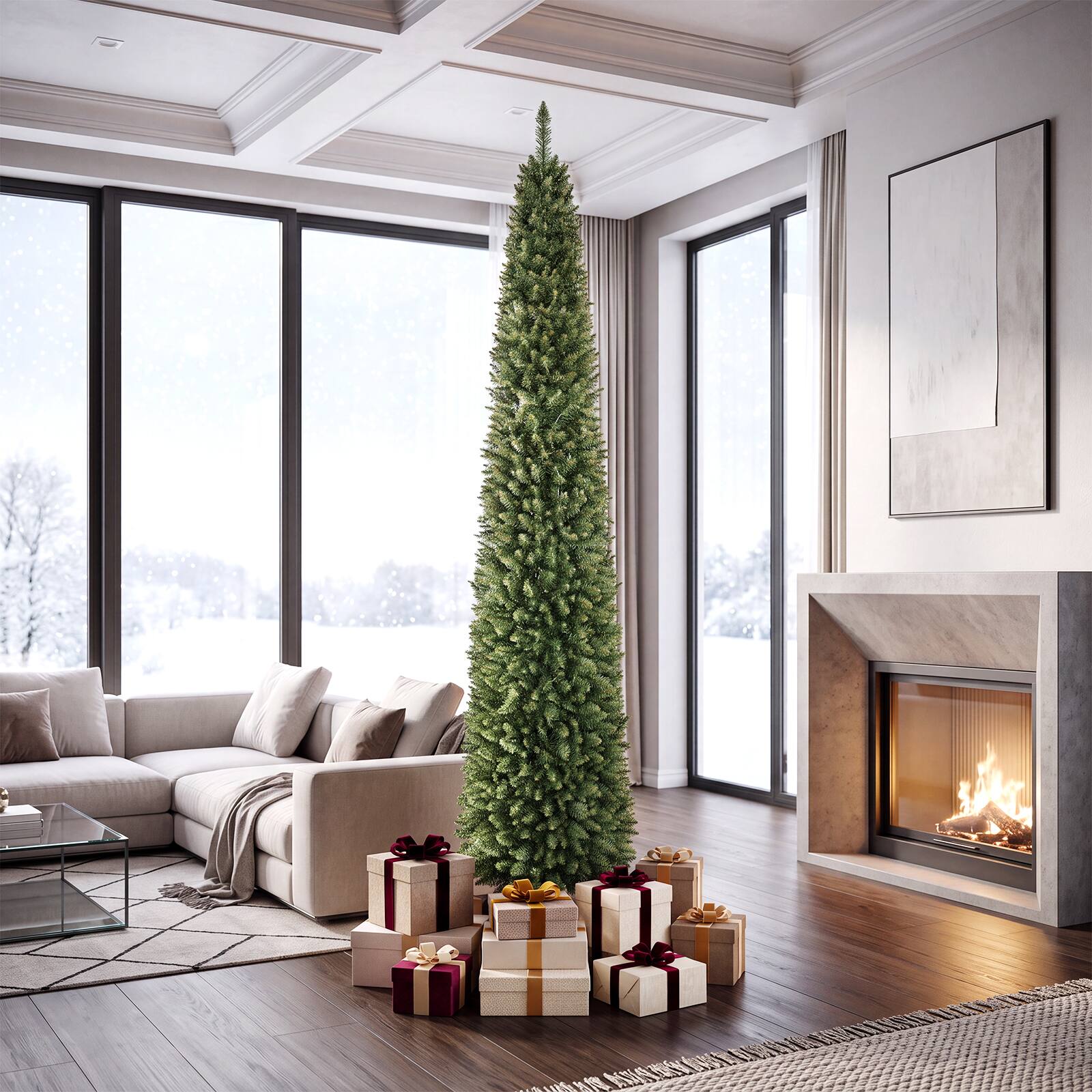 Alt View 3. Gymax - Gymax 9 FT Pre-Lit Artificial Christmas Tree Realistic Slim Pencil Xmas Tree - Green.