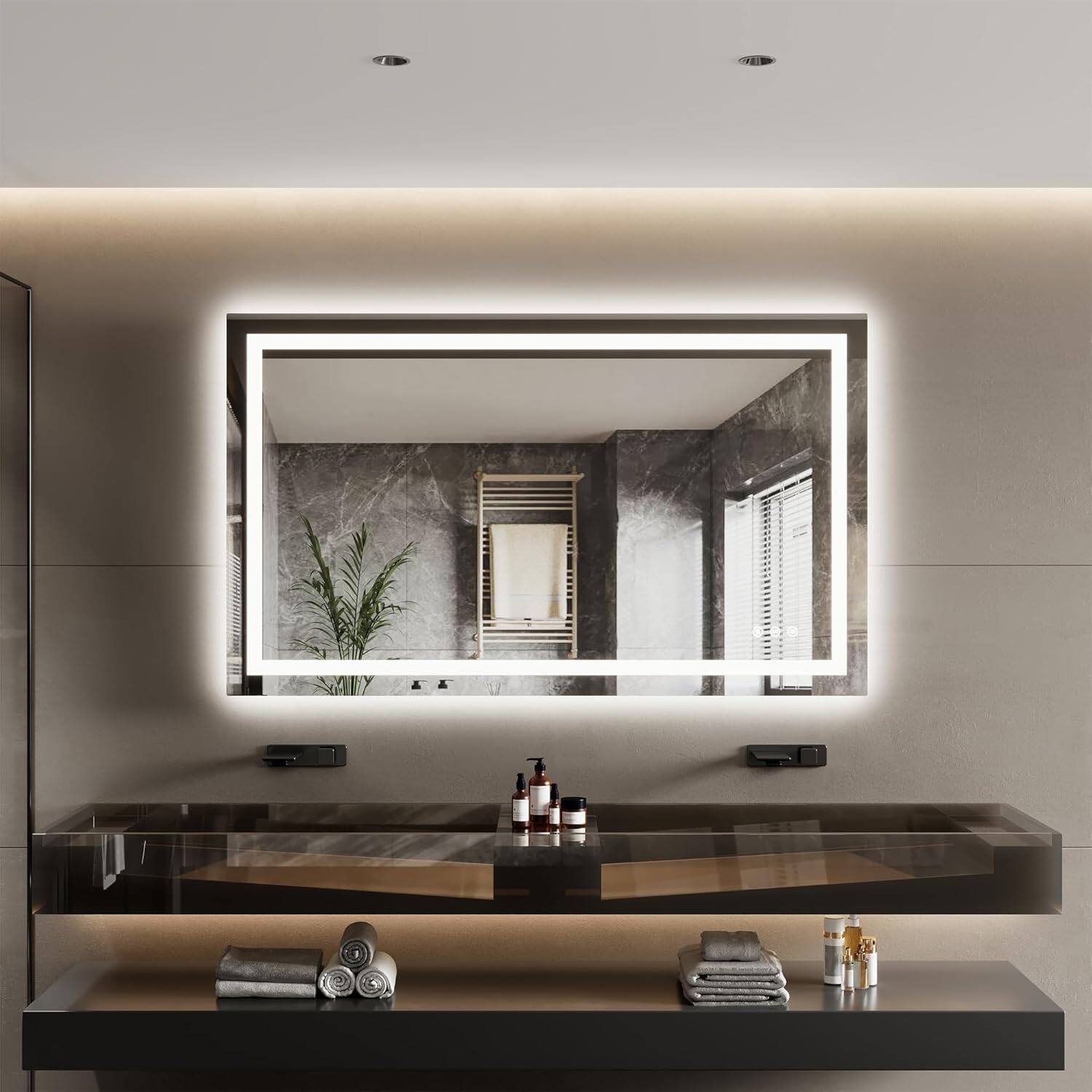 Front. Homhougo - Anti-Fog LED Bathroom Mirror Dimmable Front+Back Lit Tempered Glass ETL.