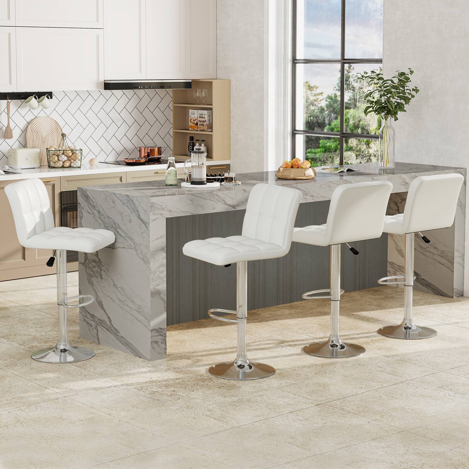 Alt View 4. Gymax - Gymax Set of 4 PU Leather Bar Stool Swivel Bar Chair w/ Adjustable Height White - White.