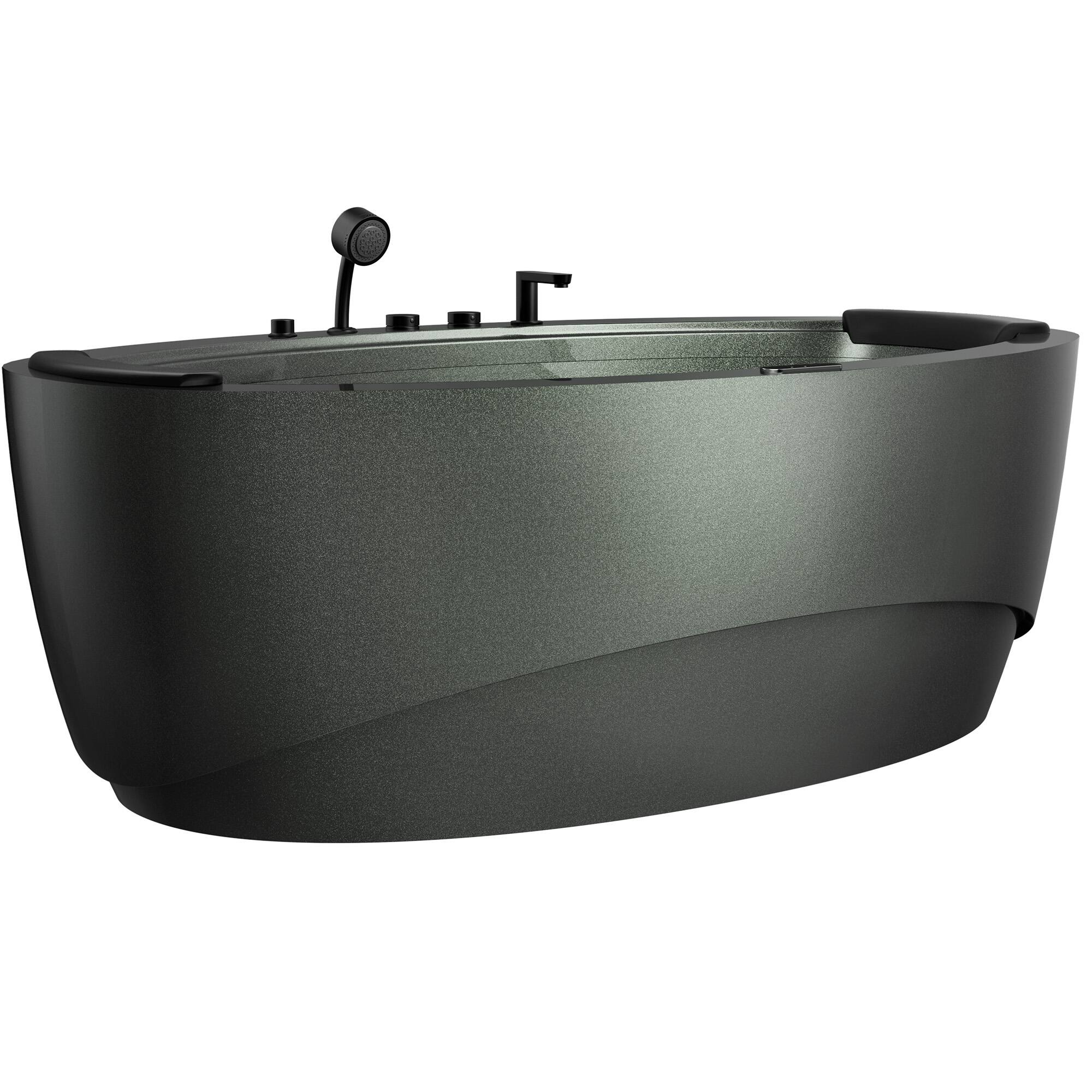 Angle. Empava - 74.8 in. x 44.9 in. Oval Center Drain Combination Whirlpool Water/Air Bathtub - Tub filler - Waterfall - Lights in Green - Green.