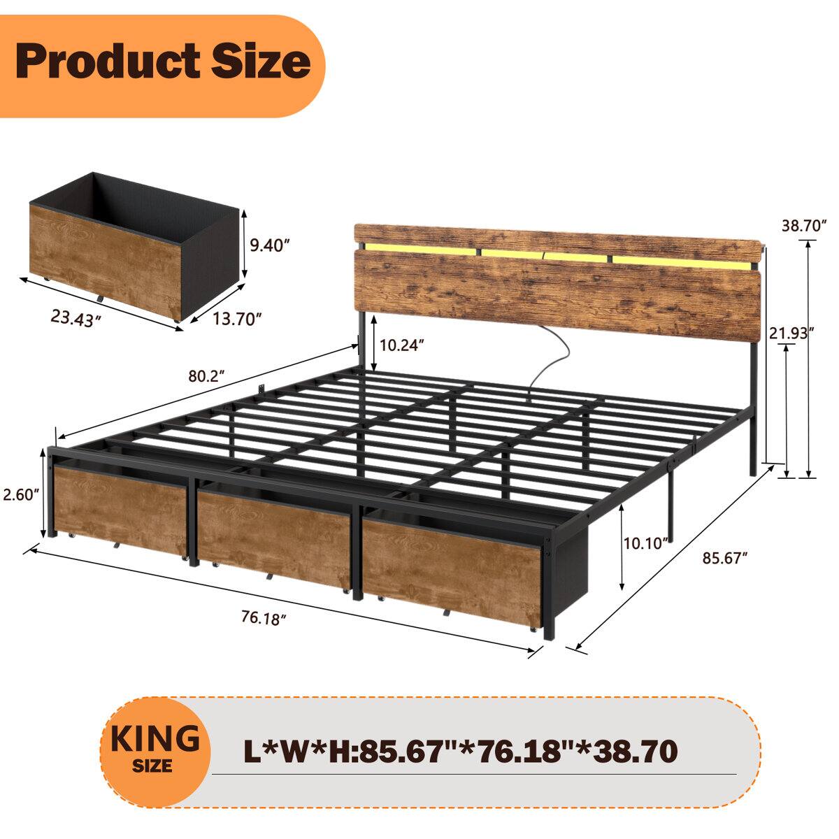 Product Size

9.40" 38.70" 23.43" 13.70" 10.24" 21.93" 80.2" 2.60" 10.10" 85.67" 76.18"

KING SIZE

L*W*H: 85.67"*76.18"*38.70