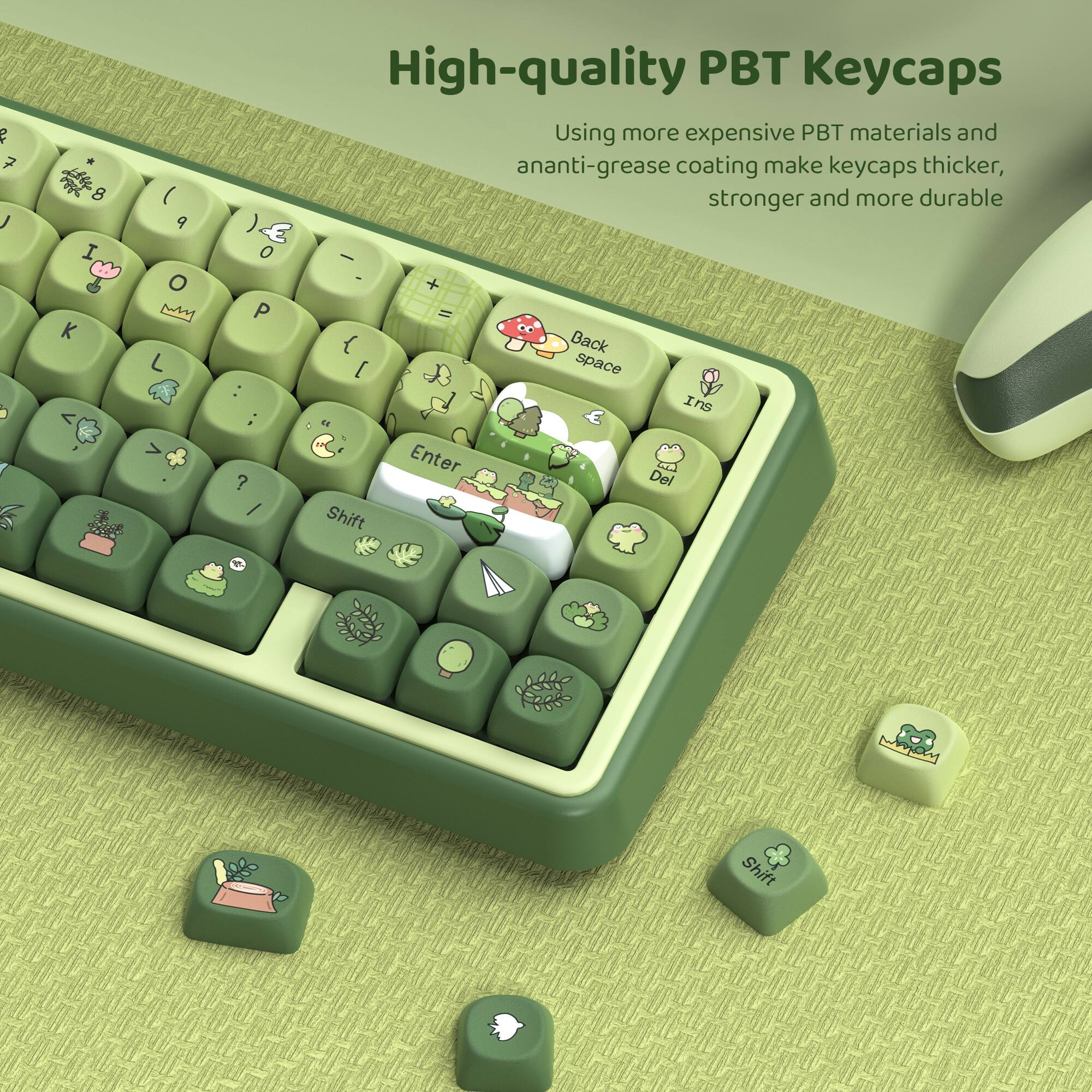 High-quality PBT Keycaps

Using more expensive PBT materials and anti-grease coating make keycaps thicker, stronger and more durable